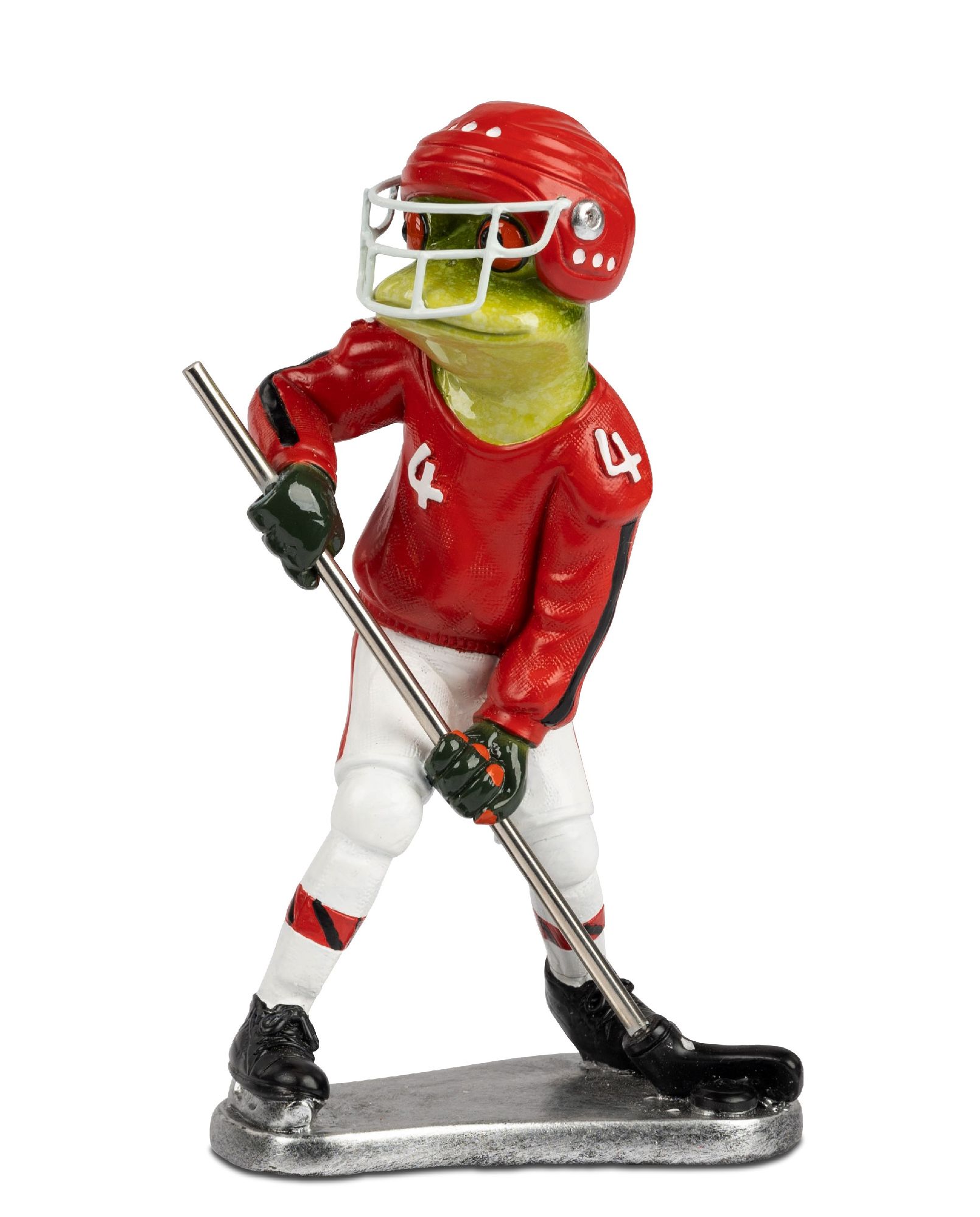 Eine Figur eines Frosches in Sportkleidung mit Helm, der einen Schläger hält. Die Kleidung ist rot und weiß, die Basis ist silberfarben.