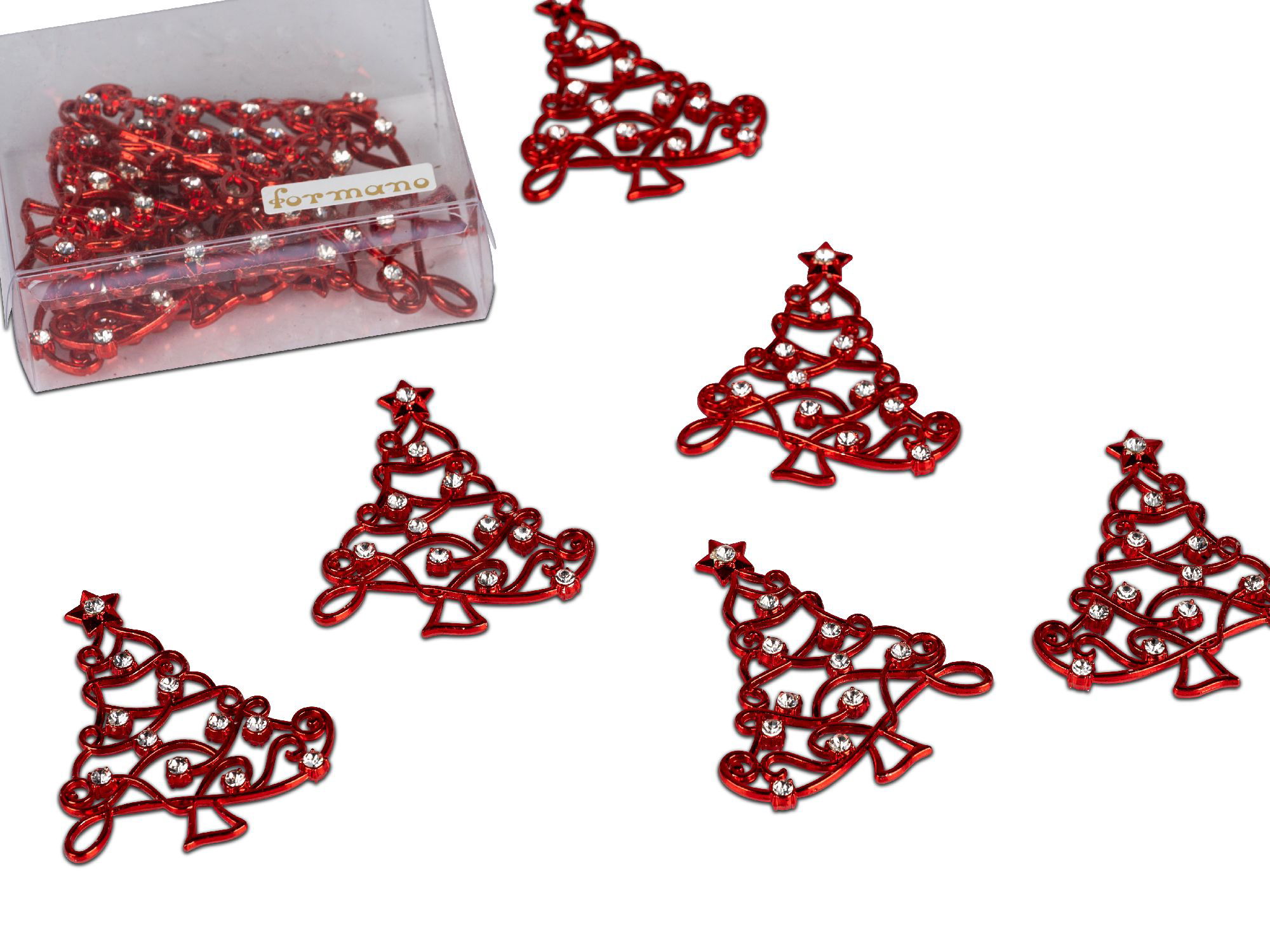 Rote Weihnachtsbaum-Dekorationen mit Glitzersteinen, verteilt um eine transparente Verpackung.