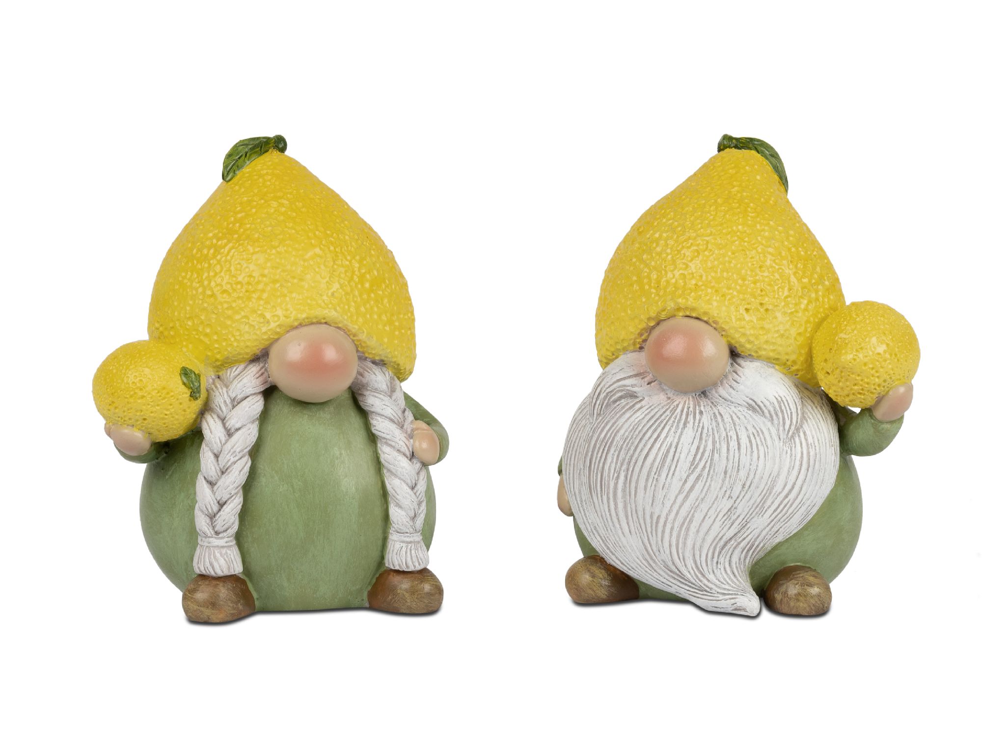 Zwei Figuren mit gelben Zitronenhüten und grünen Körpern, eine mit Zöpfen, die andere mit einem weißen Bart. Beide halten Zitronen.