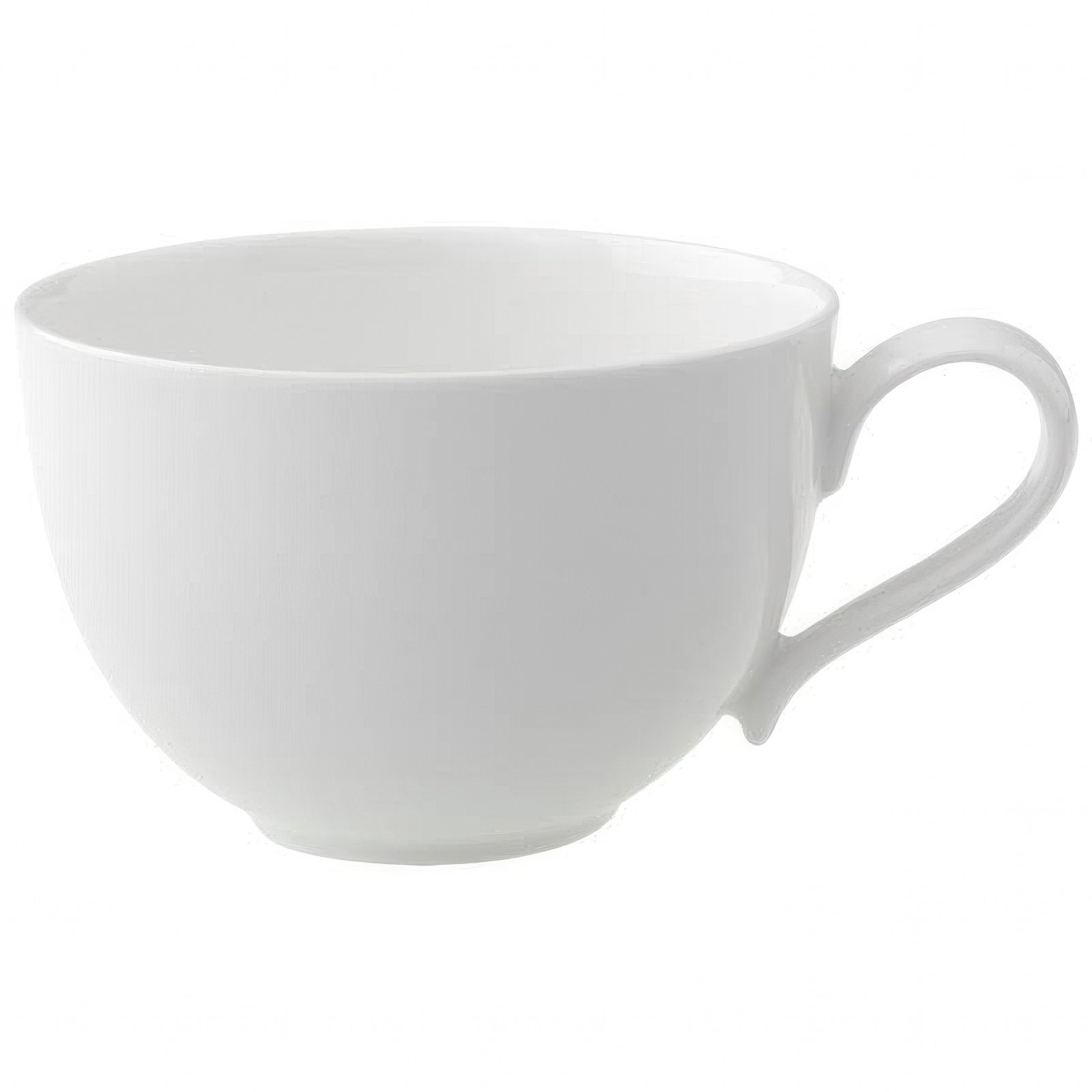 Weiße Tasse aus Porzellan mit einem Henkel, rund und ohne Muster, auf hellem Hintergrund.