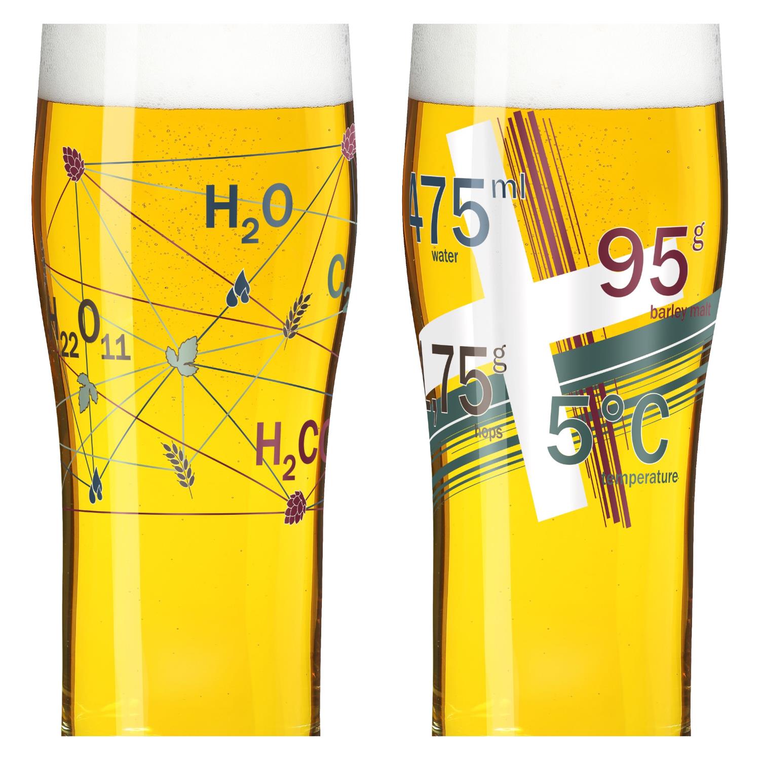 Zwei Gläser mit Bier, beschriftet mit chemischen Formeln und Werten für Wasser, Malz, Hopfen und Temperatur.