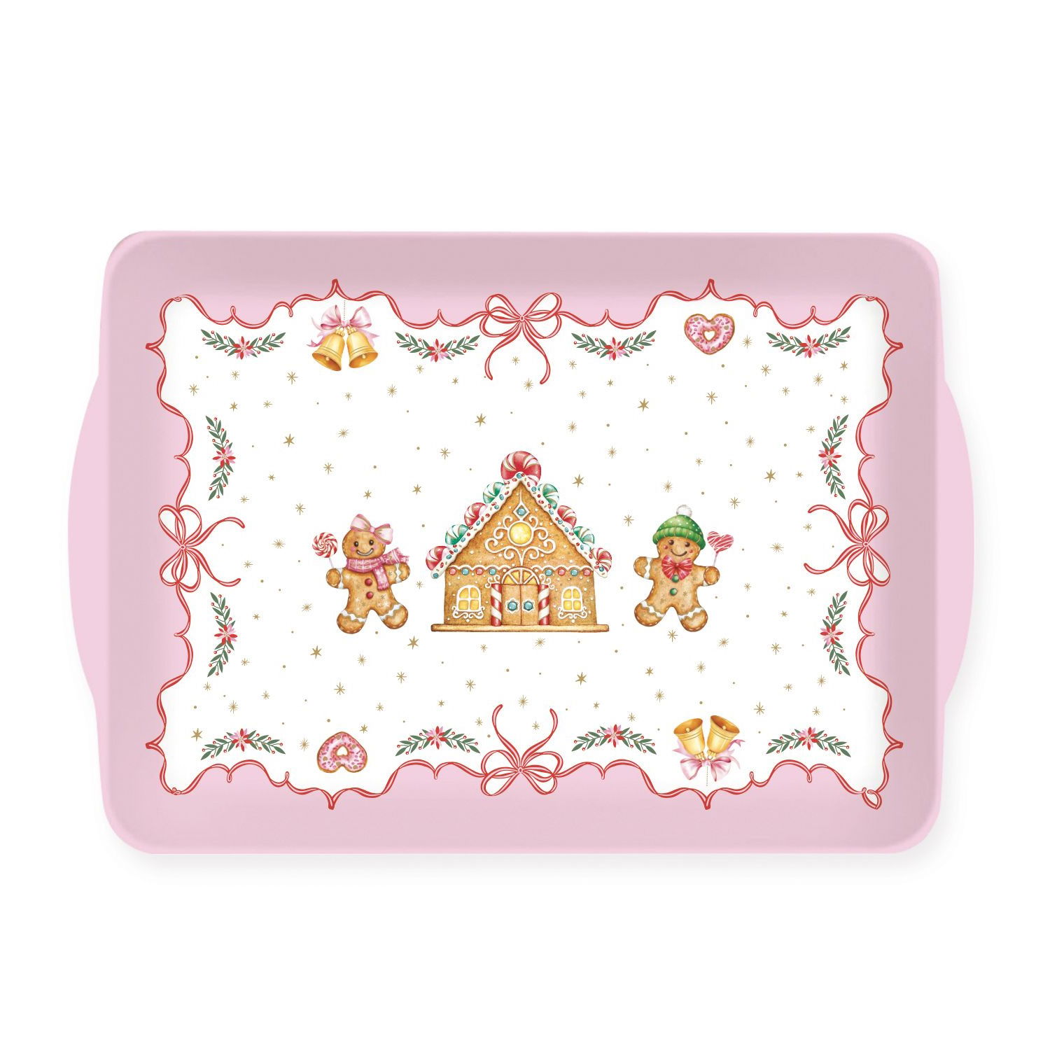 Serviertablett Sweet Christmas weiß mit rosafarbenem Rand und Lebkuchenmännchen und Haus