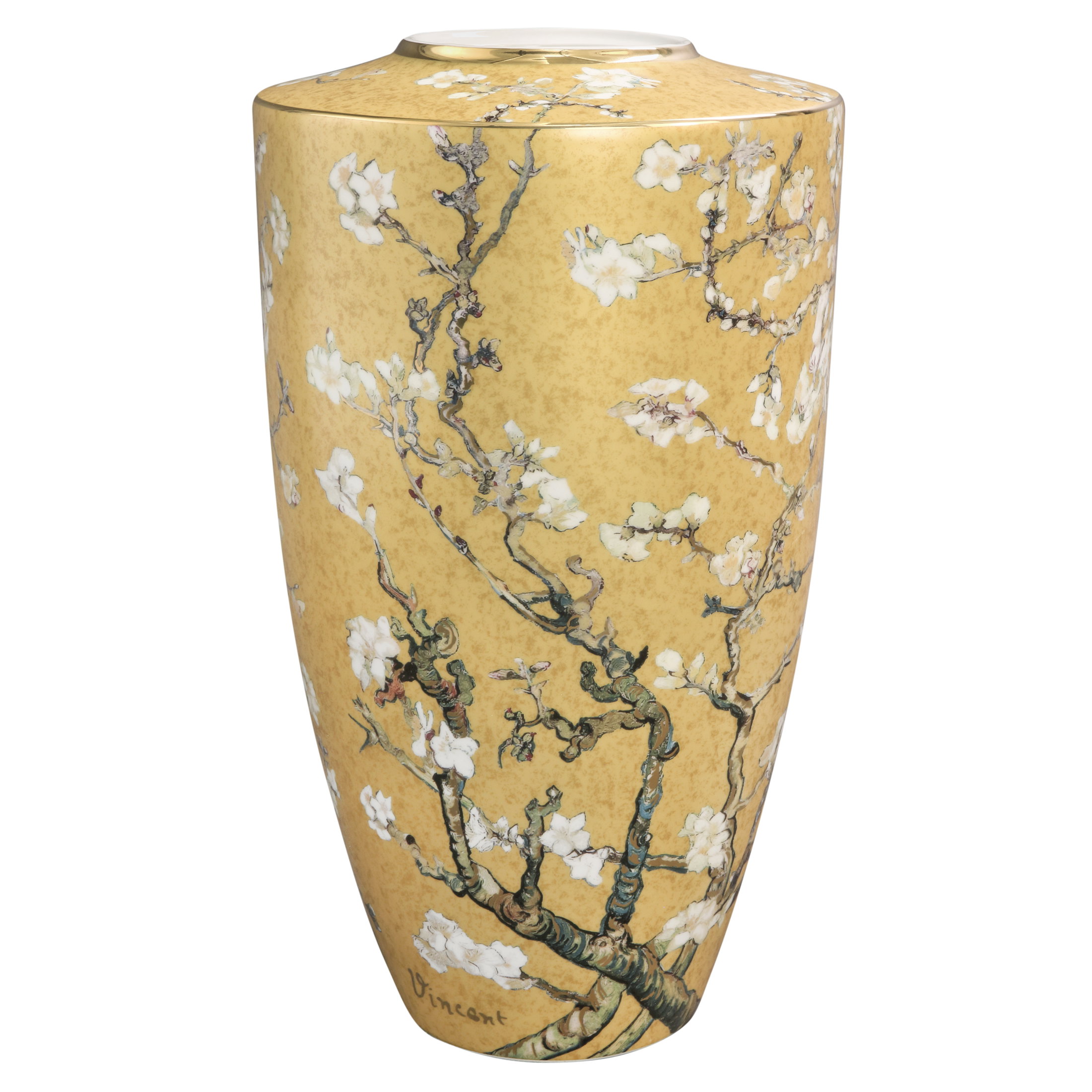 Vase mit gelbem Hintergrund, verziert mit blühenden Zweigen und weißen Blüten. Signatur "Vincent" am unteren Rand.
