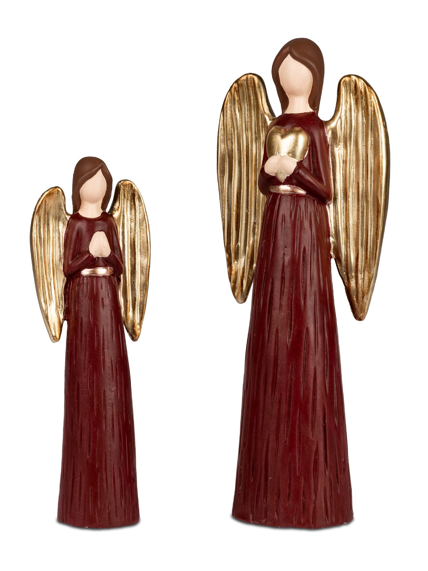Zwei Engel-Figuren in Rot und Gold, eine größer als die andere, mit gefalteten Händen und einer Herz