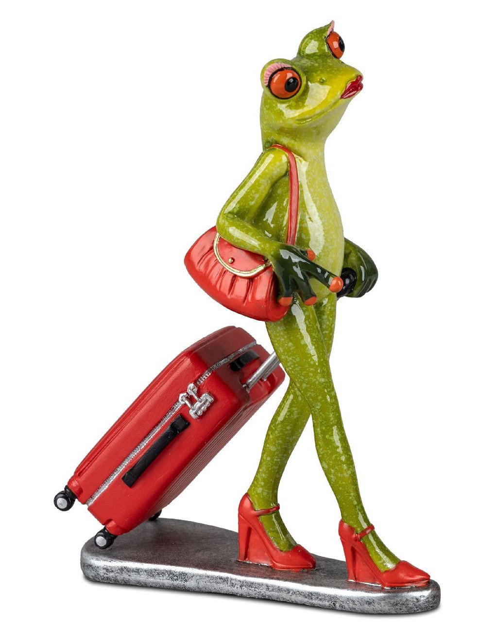 Eine grüne Froschfigur trägt rote High Heels und eine Handtasche, während sie einen roten Koffer hinter sich herzieht.