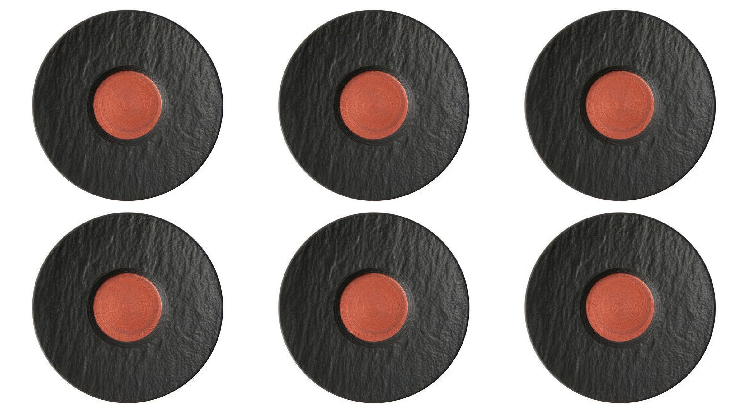 Sechs runde Objekte mit schwarzem Rand und rotem Mittelpunkt, gleichmäßig in zwei Reihen angeordnet.