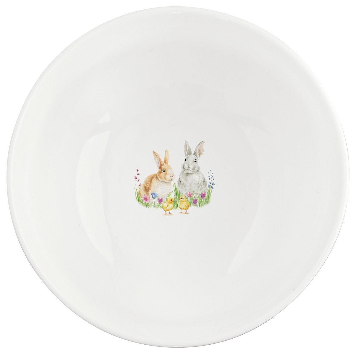 Schale mit einem bunten Motiv von zwei Kaninchen und zwei Küken in einer Wiese mit Blumen. Hintergru