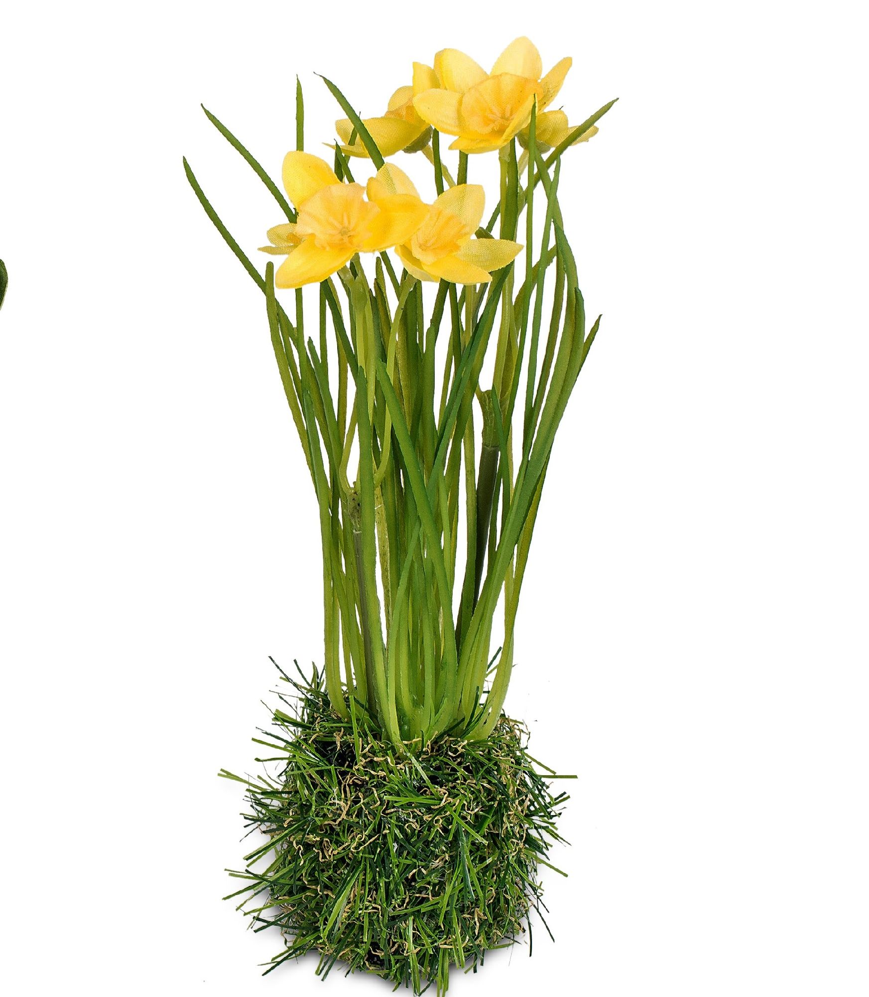 Ein Arrangement aus gelben Blumen mit langen grünen Stängeln, das auf einem grünen, moosartigen Unte