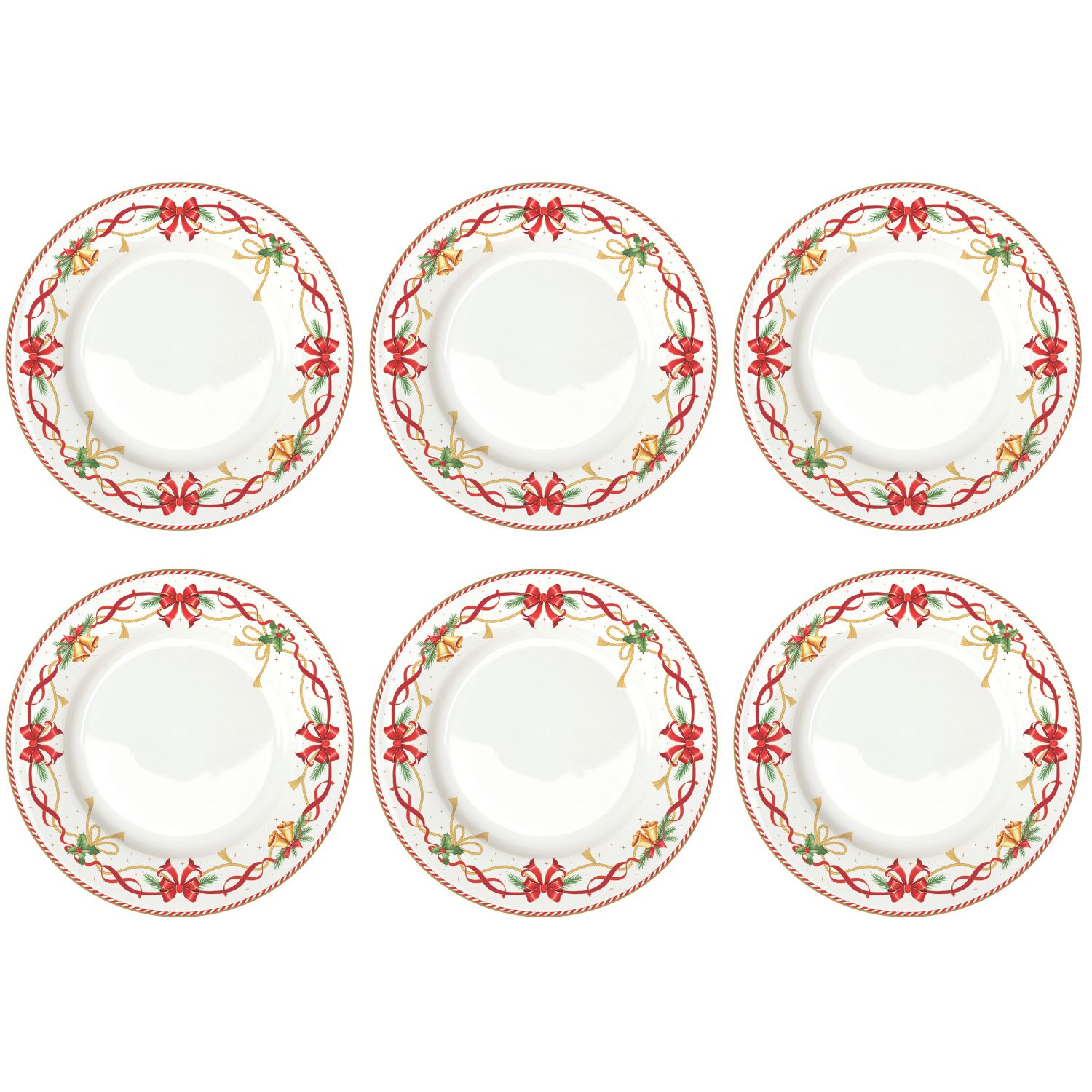 6 Weiße Teller mit weihnachtlichem Dekor mit Schleifen und Glocken