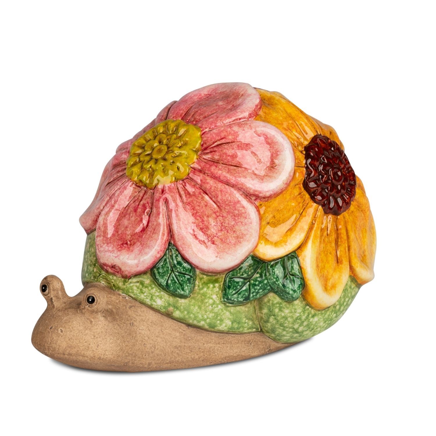 Keramikschnecke mit bunt bemaltem Gehäuse aus rosa und gelber Blüte auf weißem Hintergrund