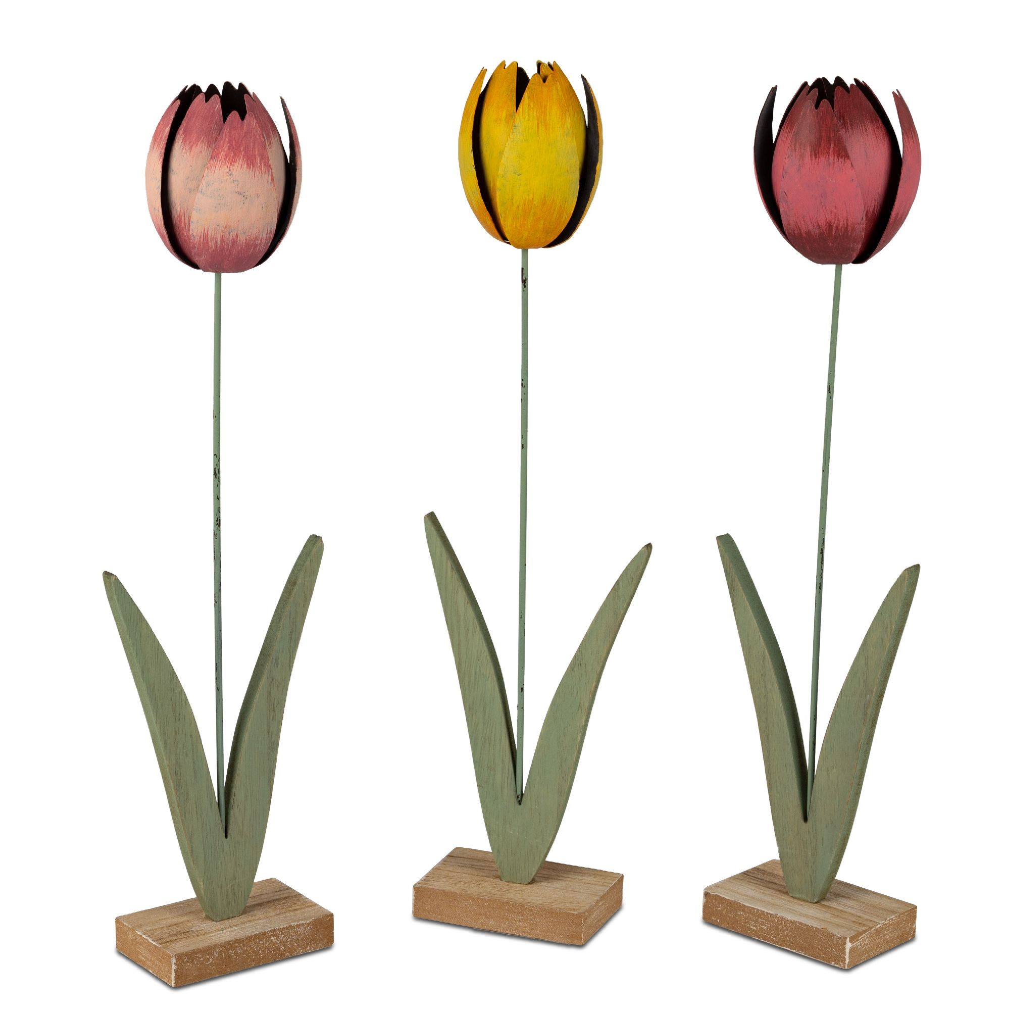 3er Set Deko Tulpen auf Fuß H. 38cm rosa gelb rot aus Metall Formano WA