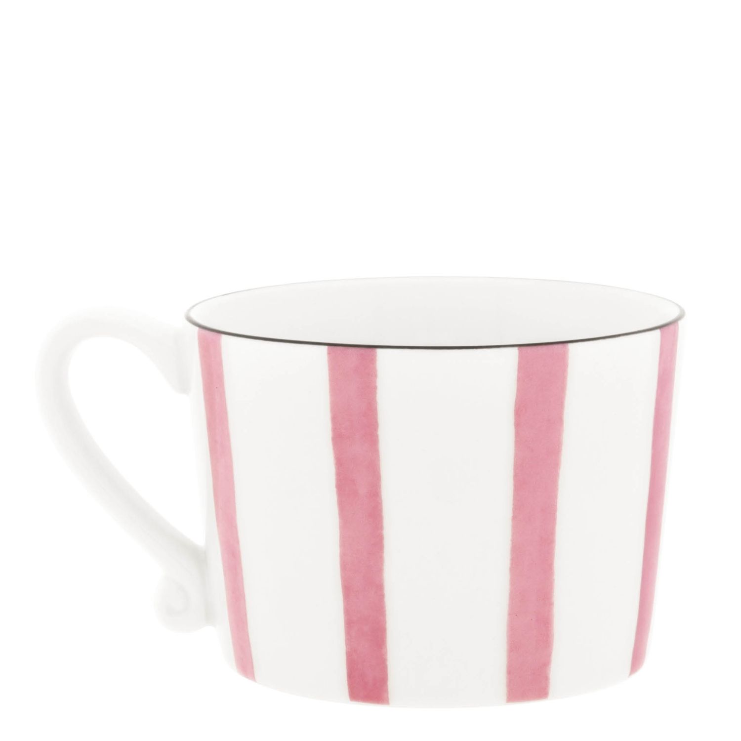 Weiße Tasse mit Henkel und vertikalen rosa Streifen vor weißem Hintergrund