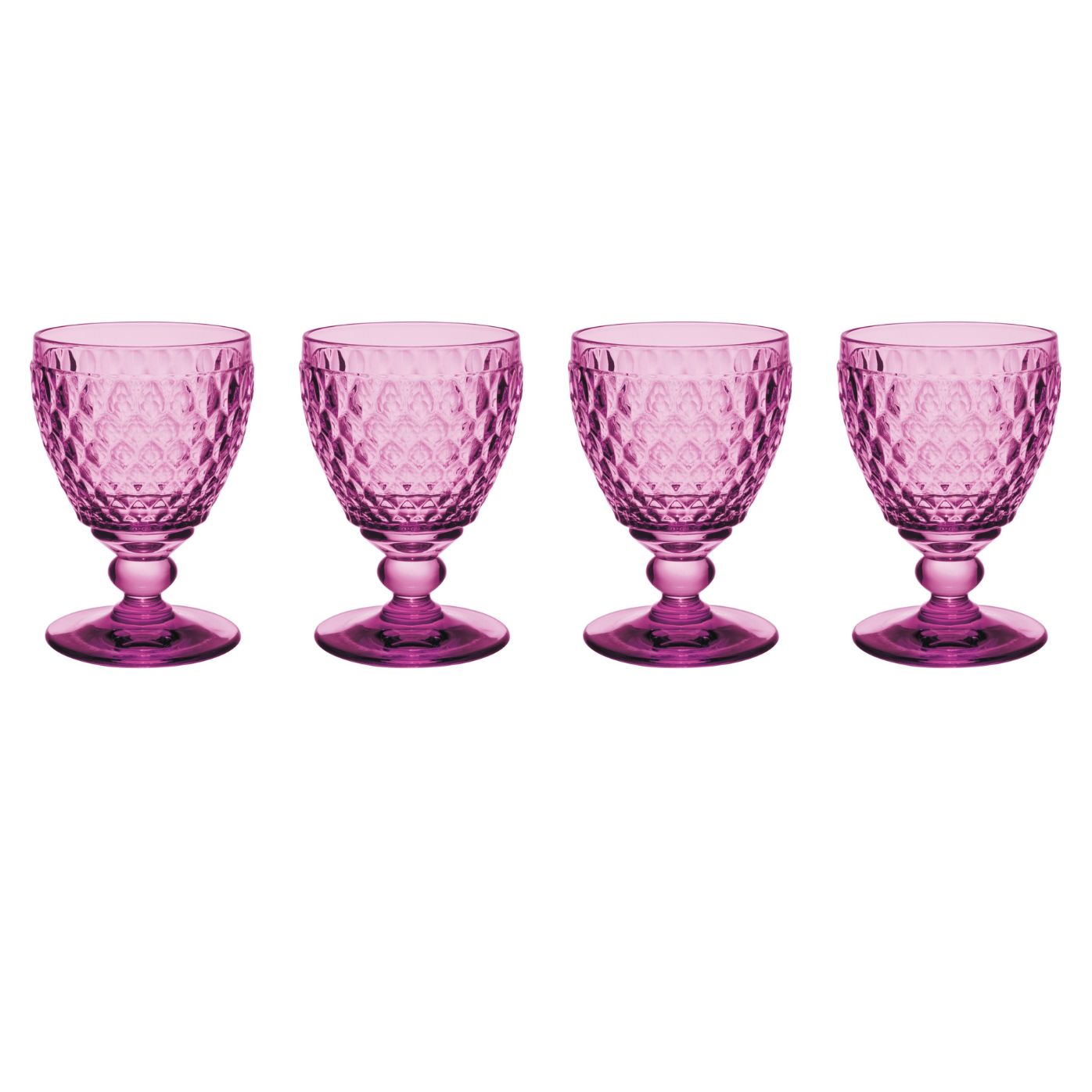 Vier lila Gläser mit Fuß in einer Reihe angeordnet