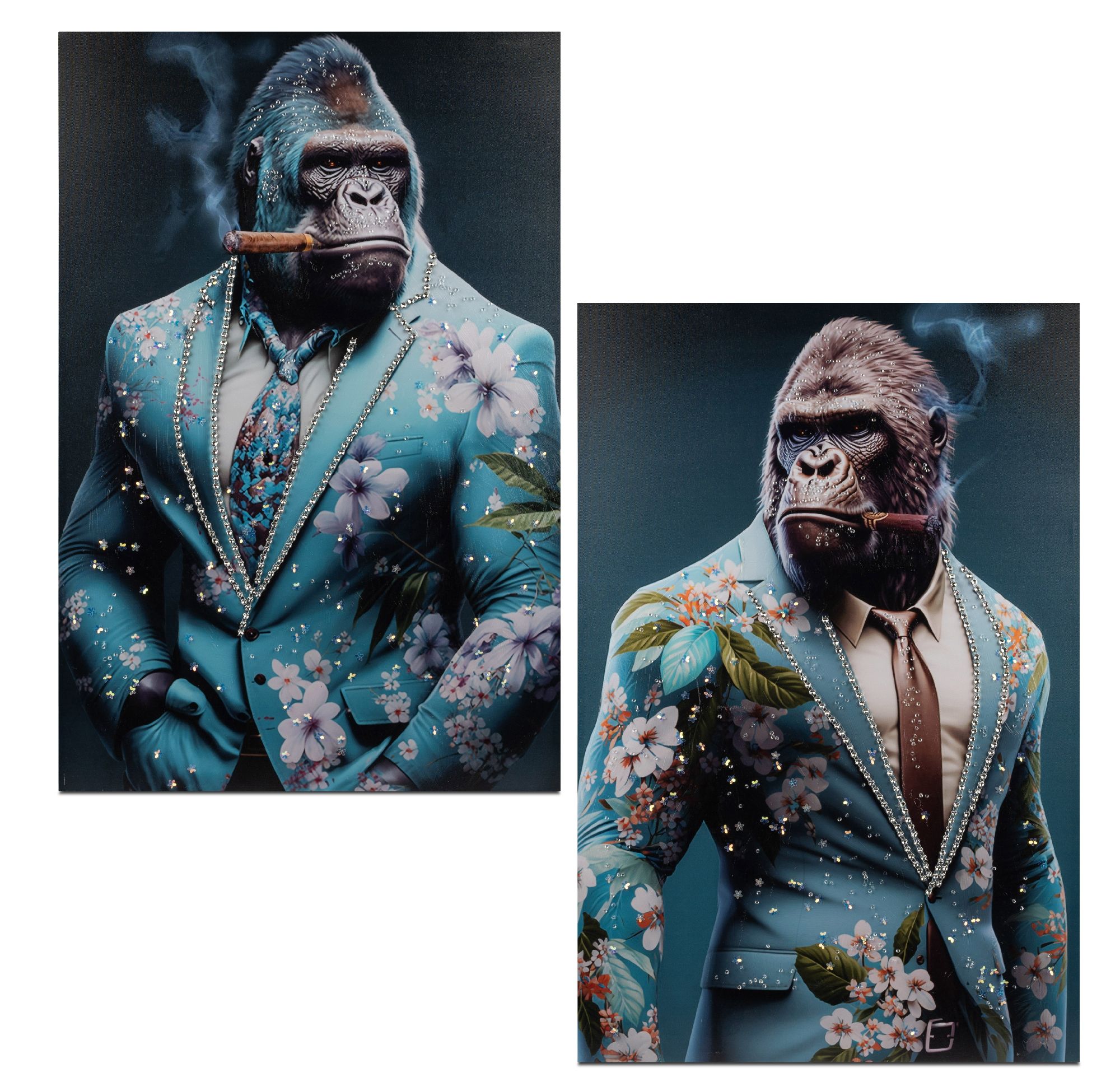Zwei Bilder eines Gorillas in einem blumigen Anzug, der eine Zigarre raucht. Der Hintergrund ist dun