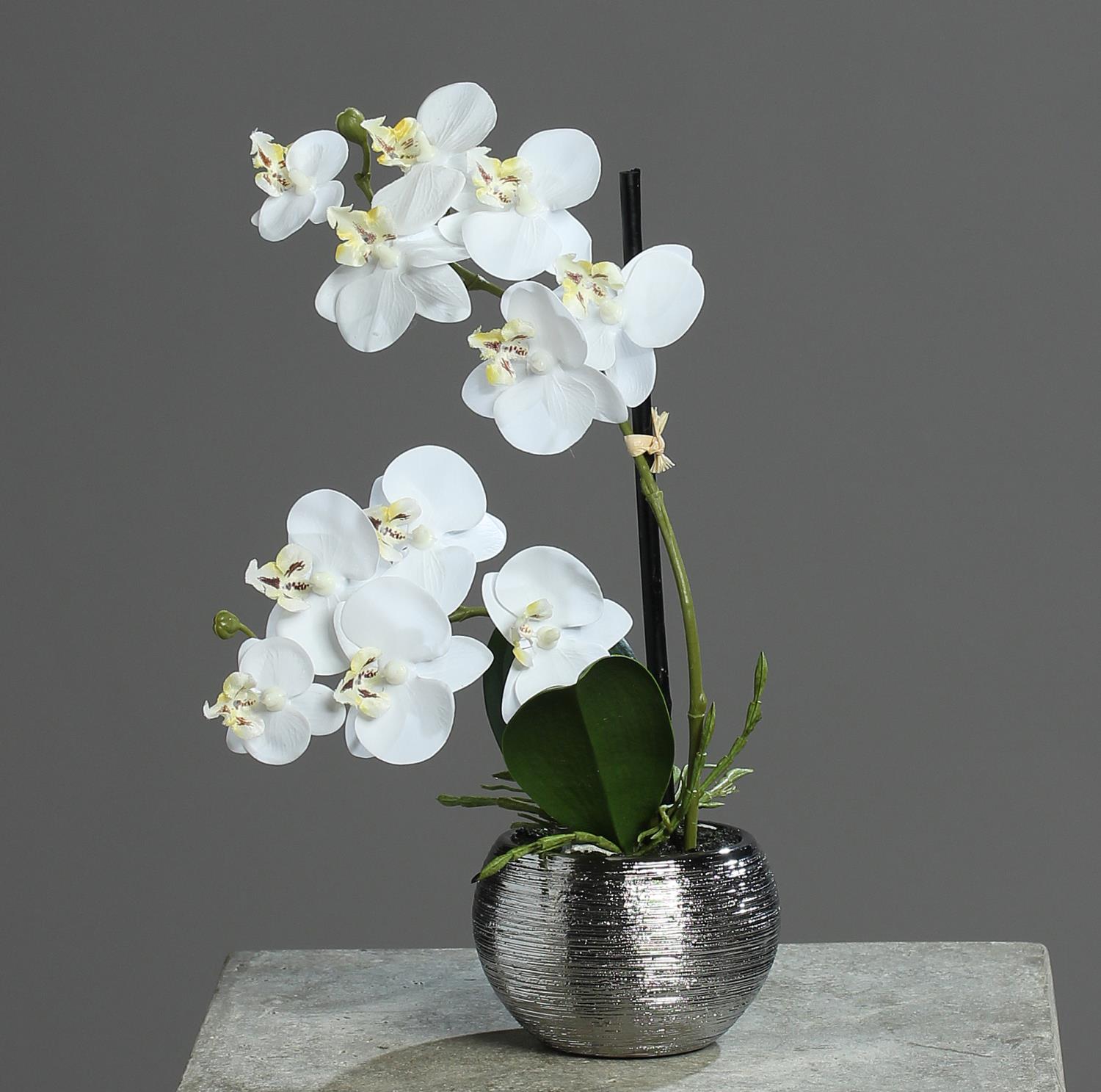 künstliche Orchidee, Phalaenopsis in rundem silbernen Topf H. 30cm weiß DPI WA