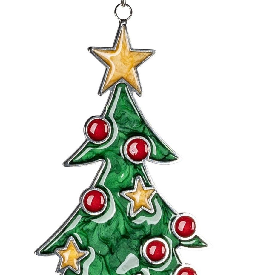 Bunter Weihnachtsbaum aus Glas mit roten Kugeln und goldener Spitze, auf silbernem Hintergrund.