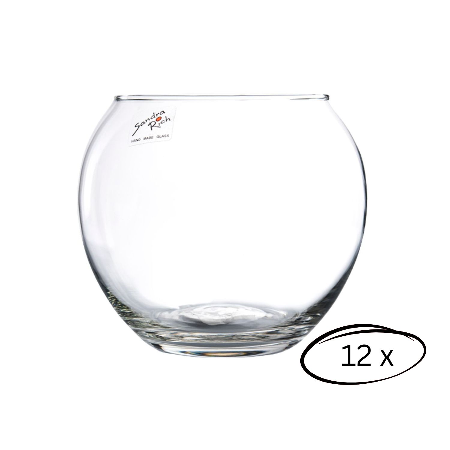 Rundes, klares Glasgefäß mit bauchiger Form, Zahl 12x in schwarzem Oval eingeblendet