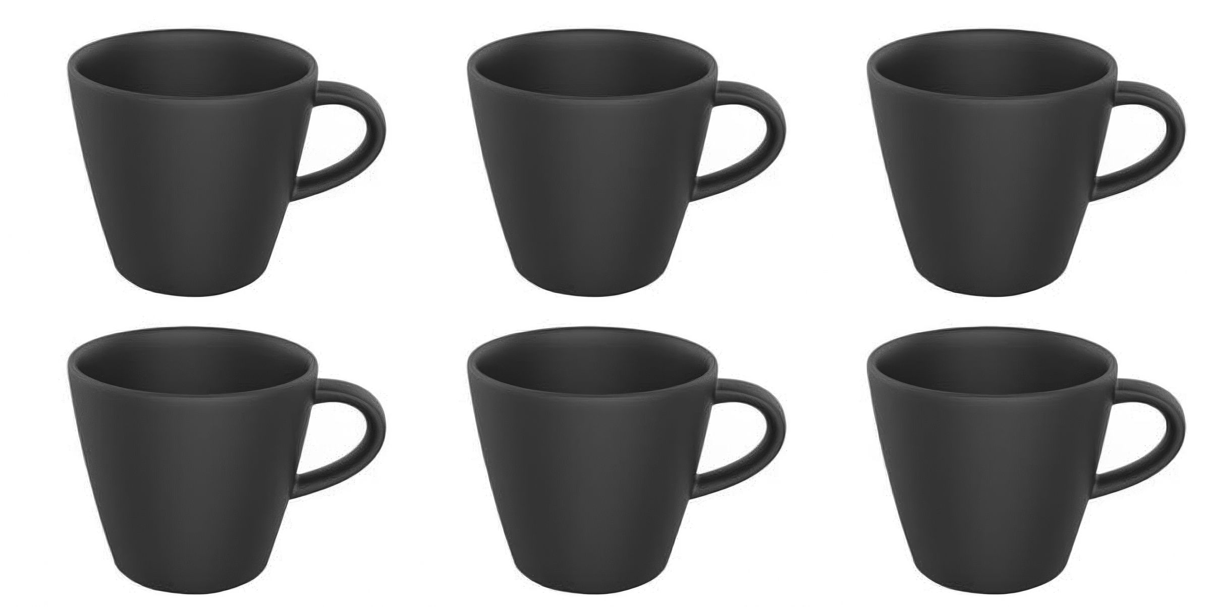 Sechs schwarze Kaffeetassen mit Henkel, angeordnet in zwei Reihen zu je drei Tassen.