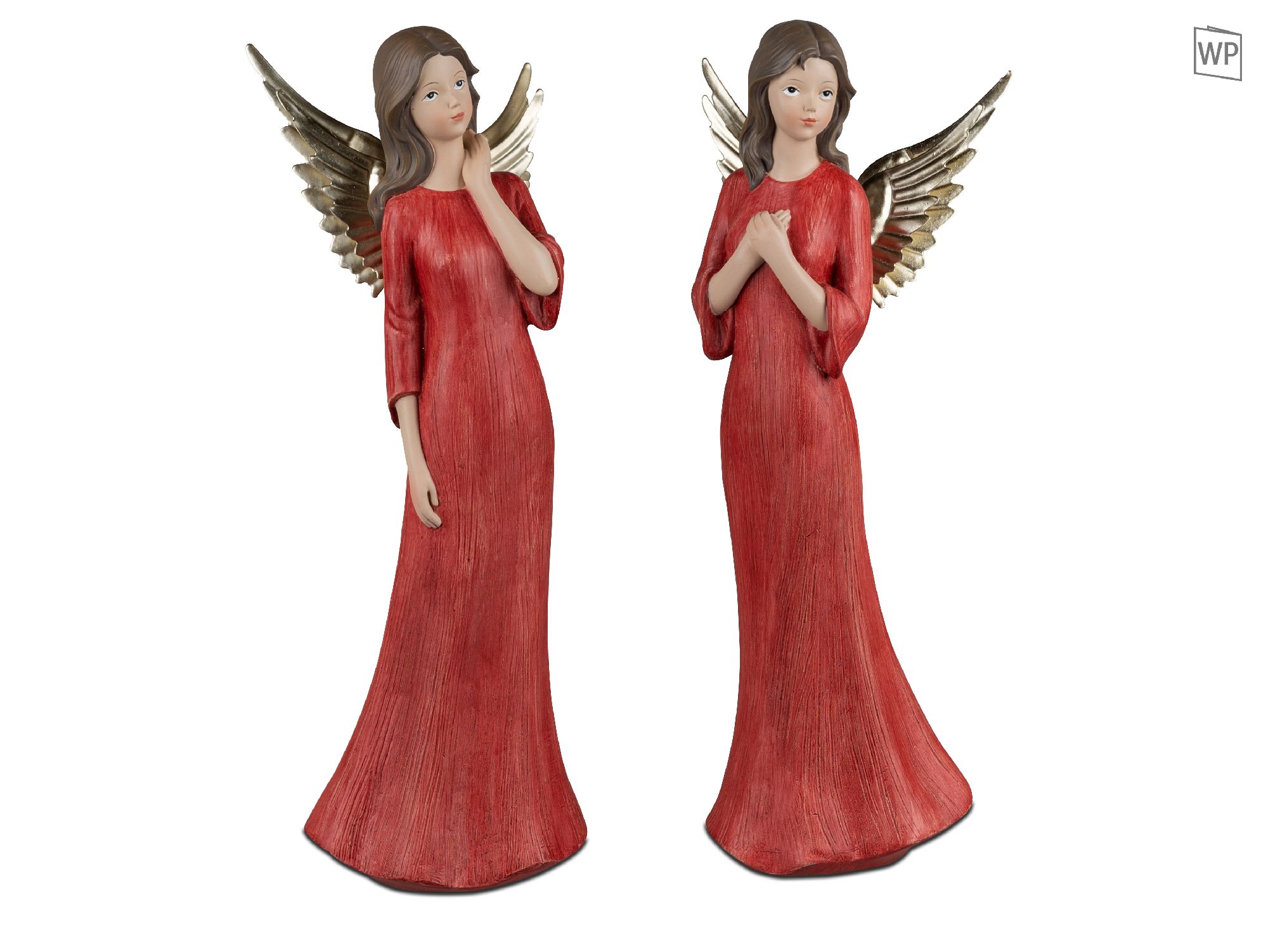 Zwei Engel-Statuen in roten Kleidern mit langen Ärmeln und goldenen Flügeln, eine mit erhobener Hand
