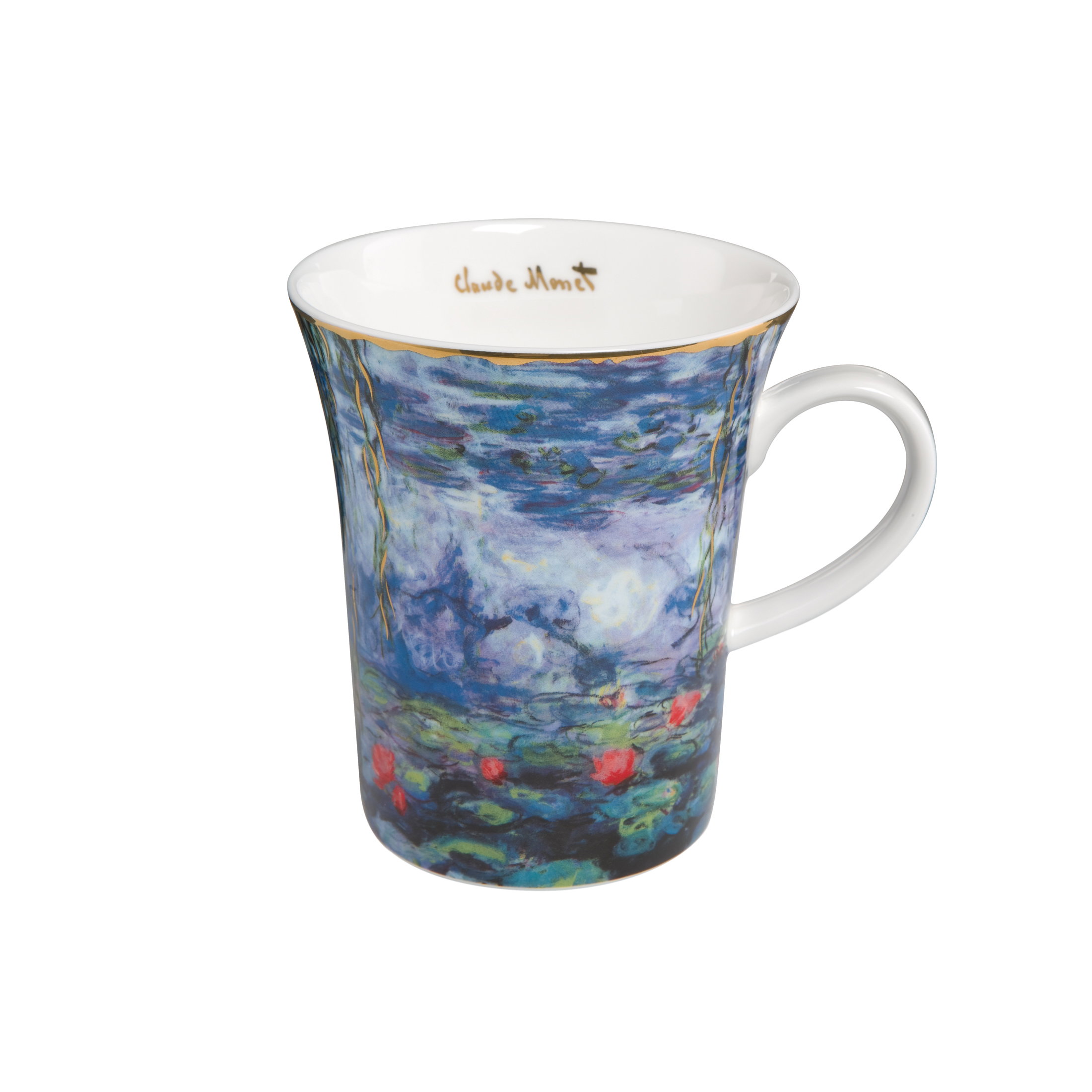 Tasse mit buntem, impressionistischem Design, das Wasser und Seerosen zeigt. Auf der Innenseite steh