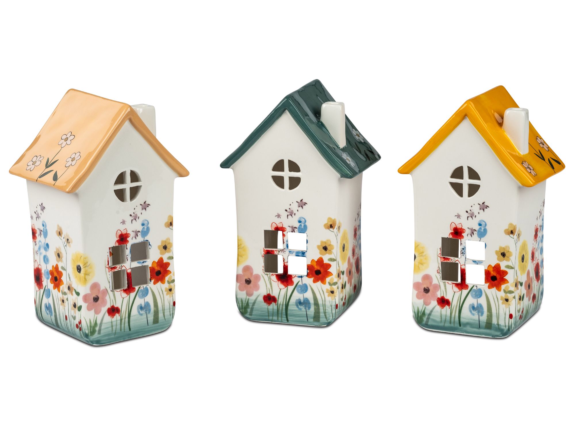 Drei dekorative, keramische Häuser in verschiedenen Farben mit blühenden Mustern und Fenstern.