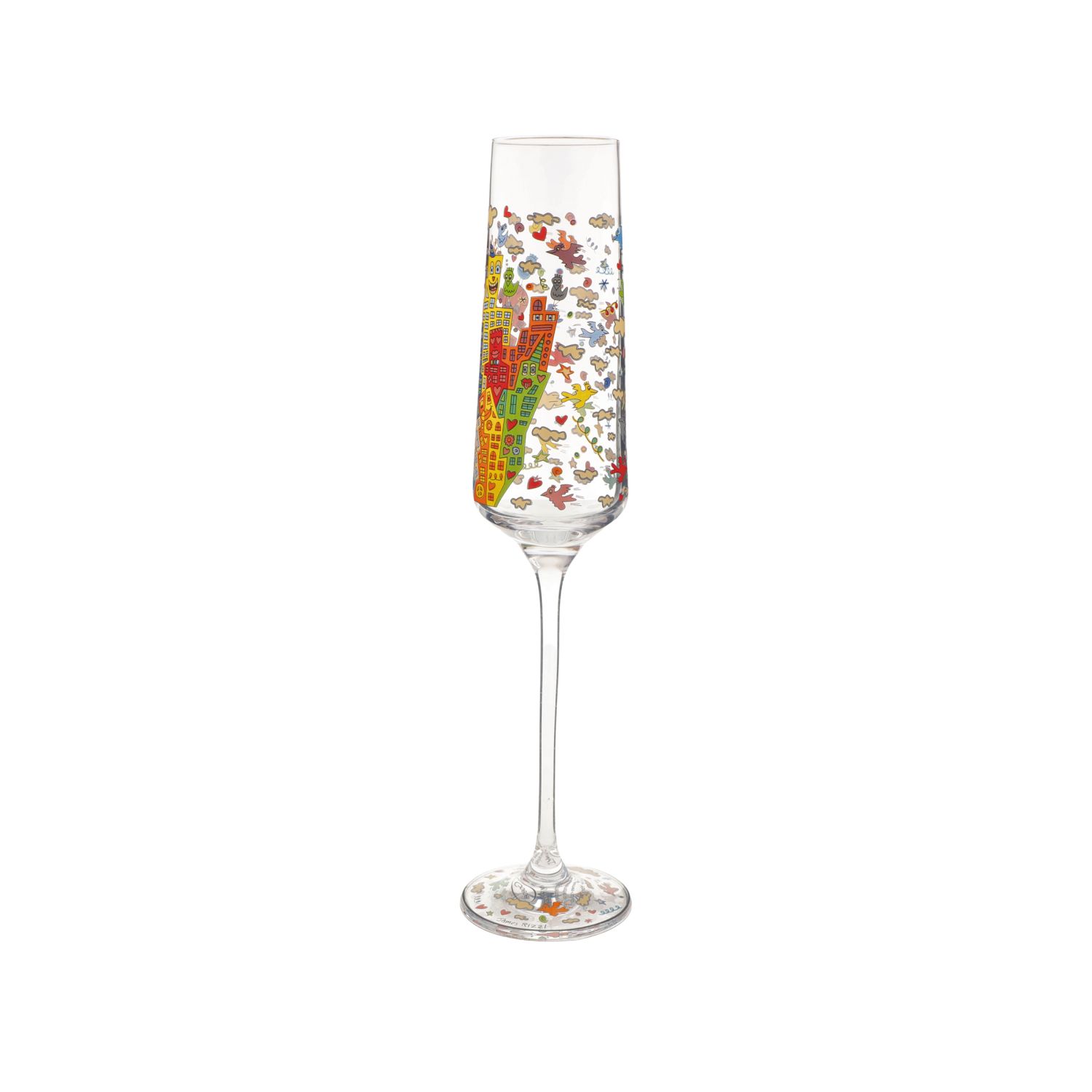 Sektglas mit bunten abstrakten Mustern und Figuren auf Kelch und Boden