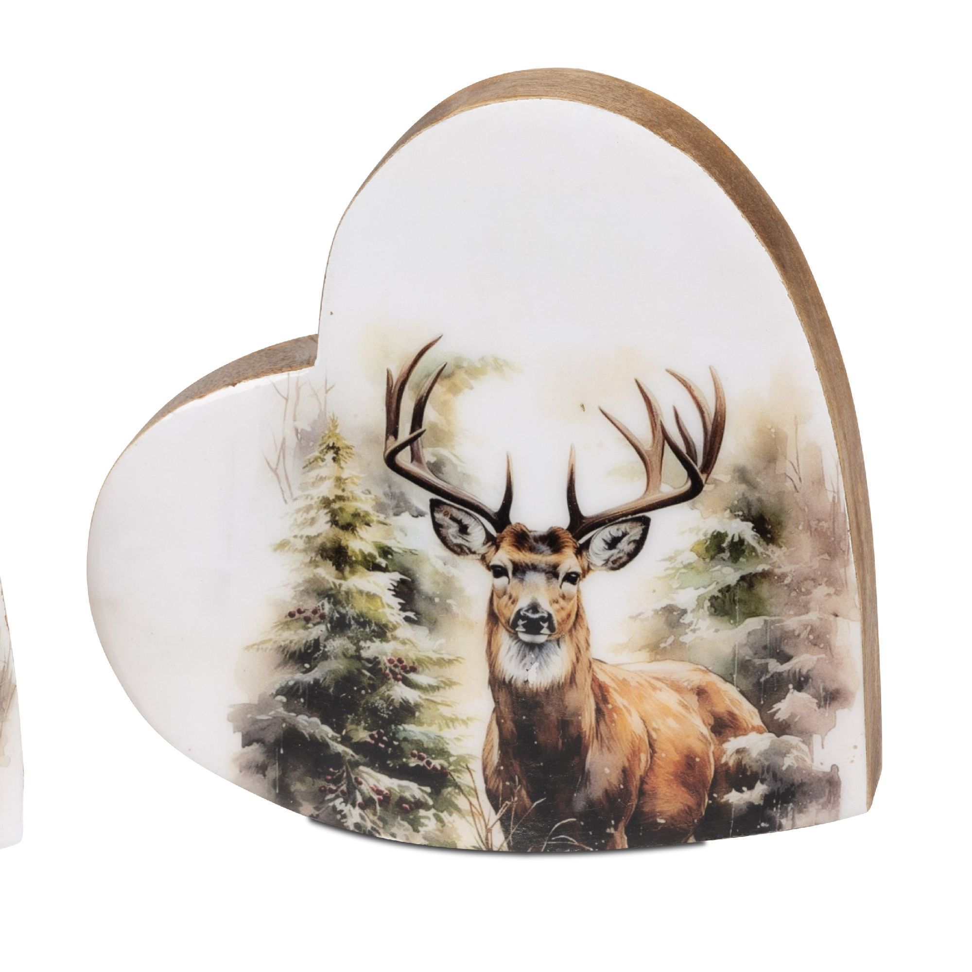 Herzförmiger Holzblock mit einem Bild eines Rehs vor einer Waldlandschaft.