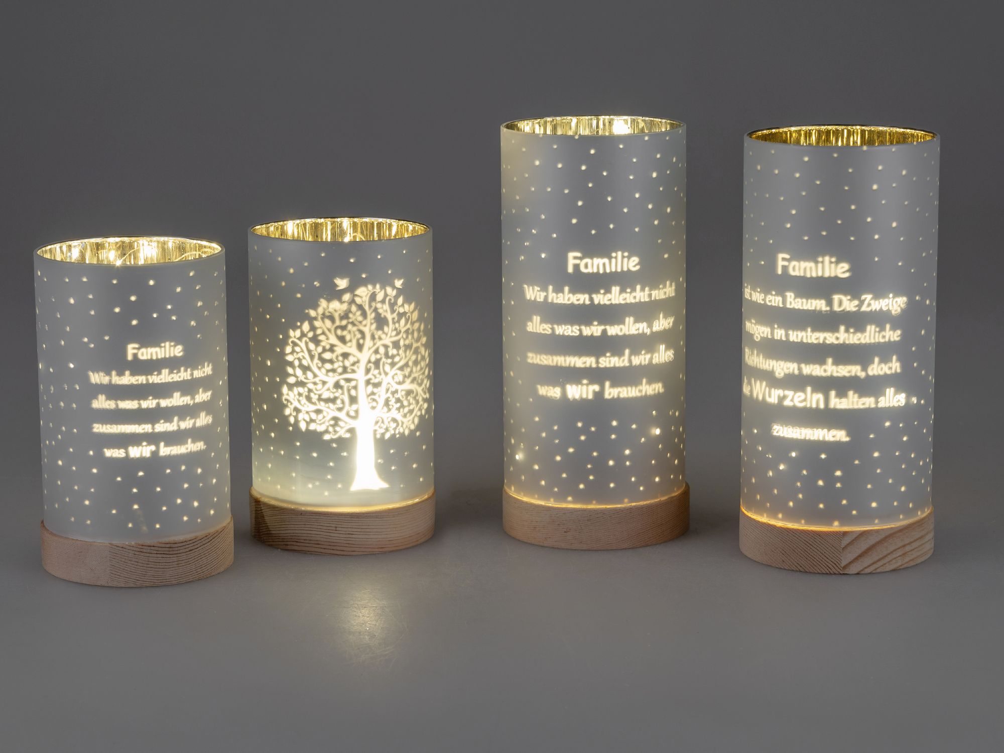 2er Set LED Tischlampen Zylinder LEBENSBAUM Höhe 15cm silber Glas + Holz von FORMANO