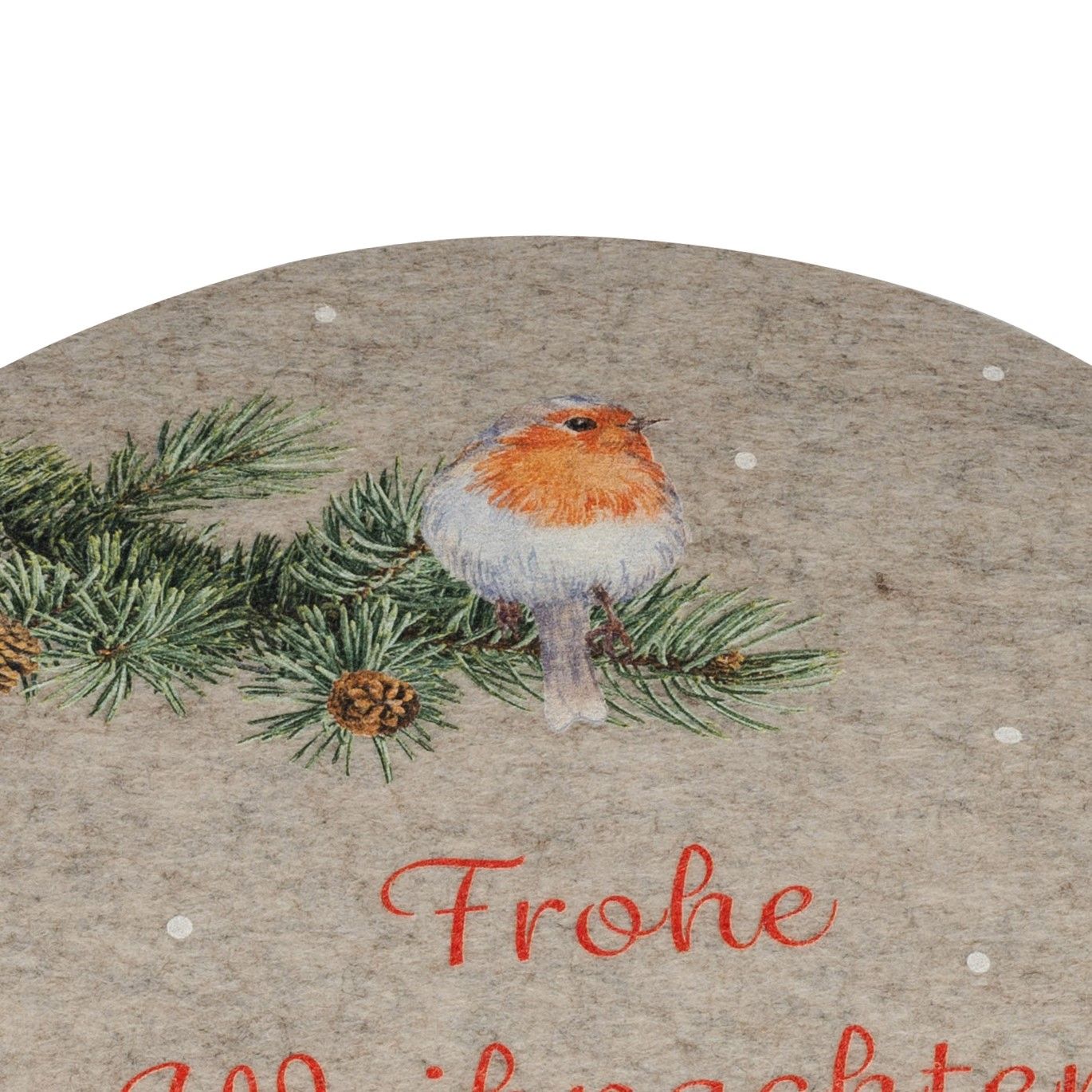 Ein Rotkehlchen sitzt auf einer Tannenzweigen, darunter steht der Schriftzug „Frohe Weihnachten“ in