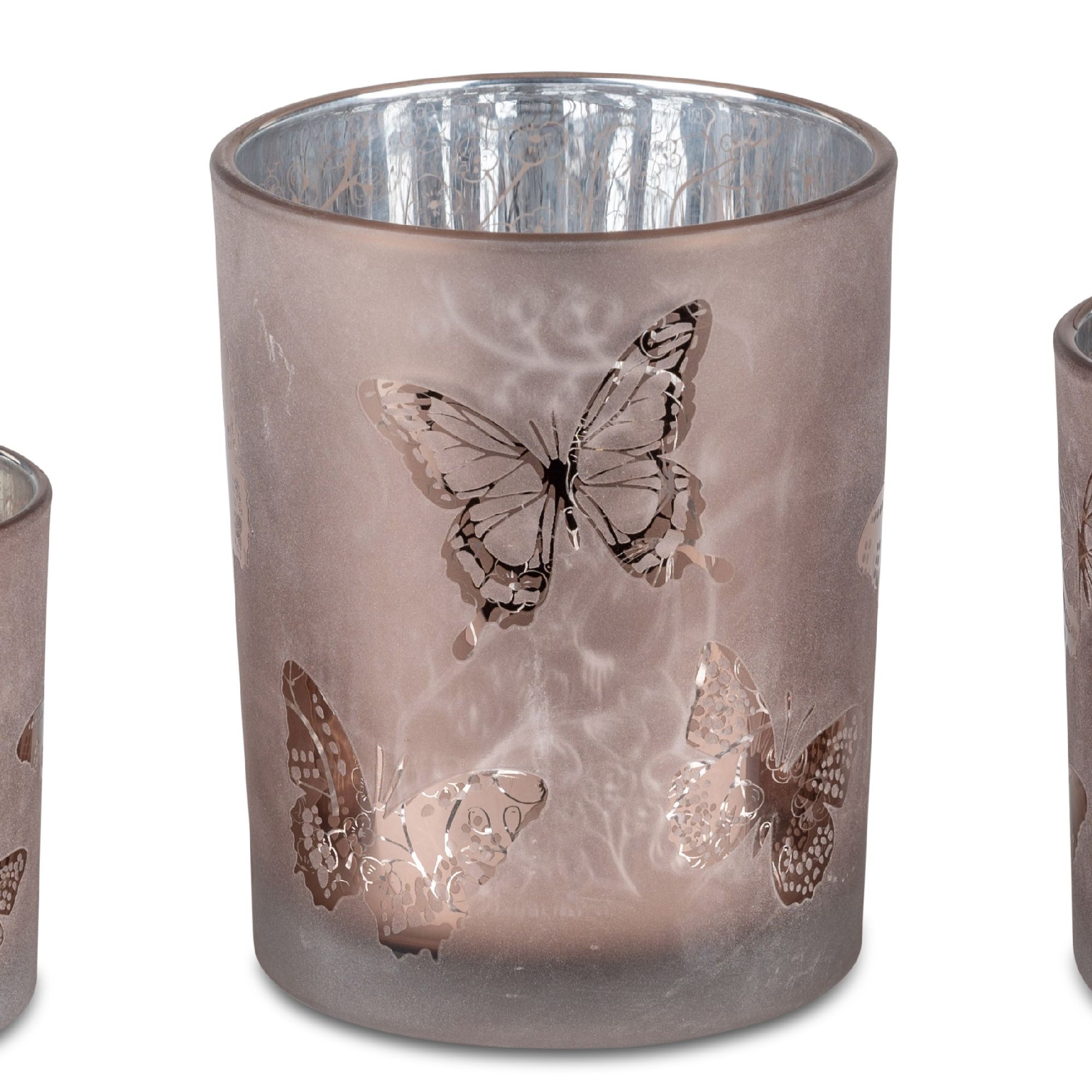 Teelichthalter, Windlicht Schmetterlinge Höhe 12,5cm rosa silber aus Glas von FORMANO