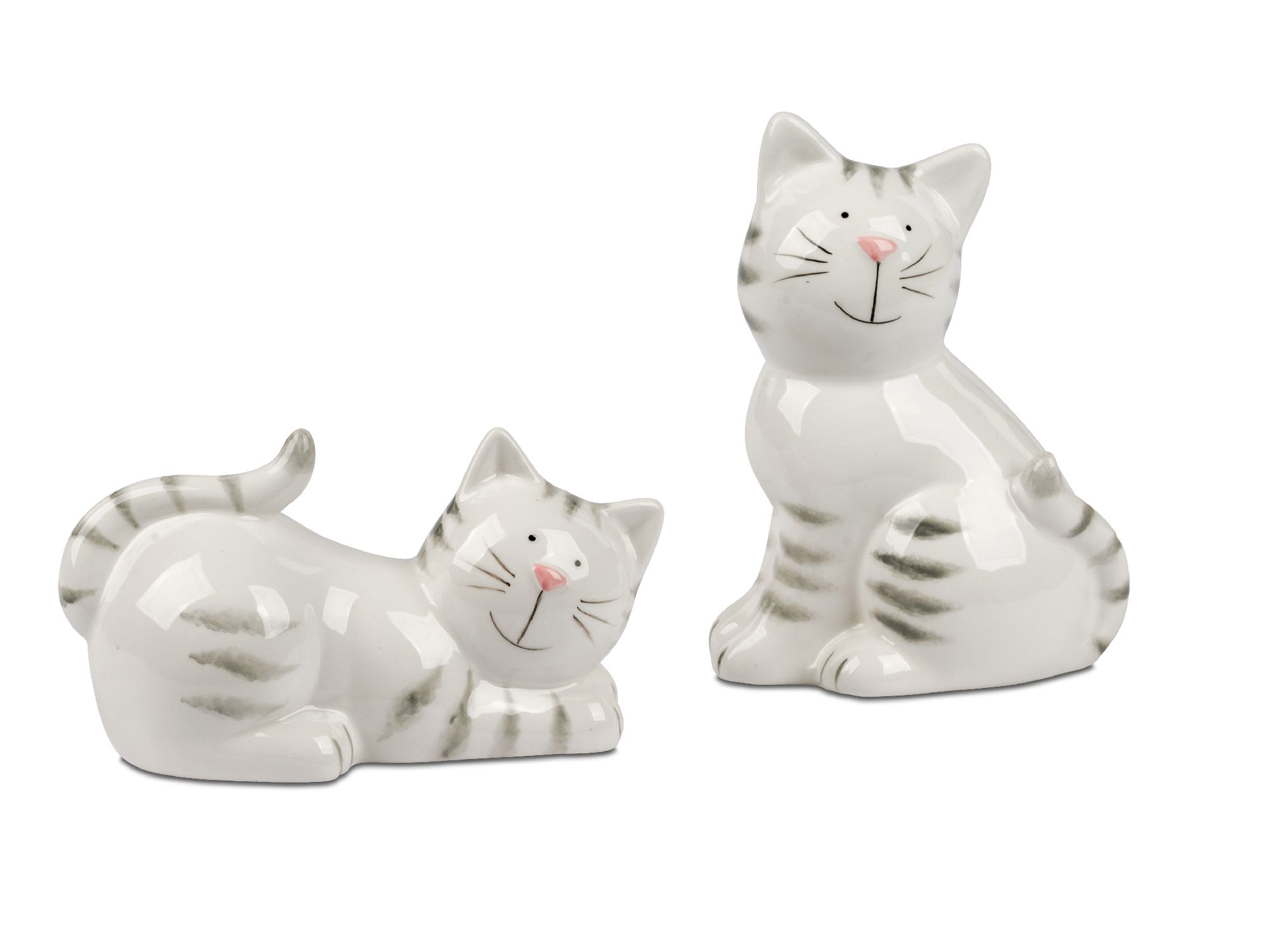 2er Set Dekofiguren Katzen sitzend und liegend weiß grau 15cm Steingut von FORMANO
