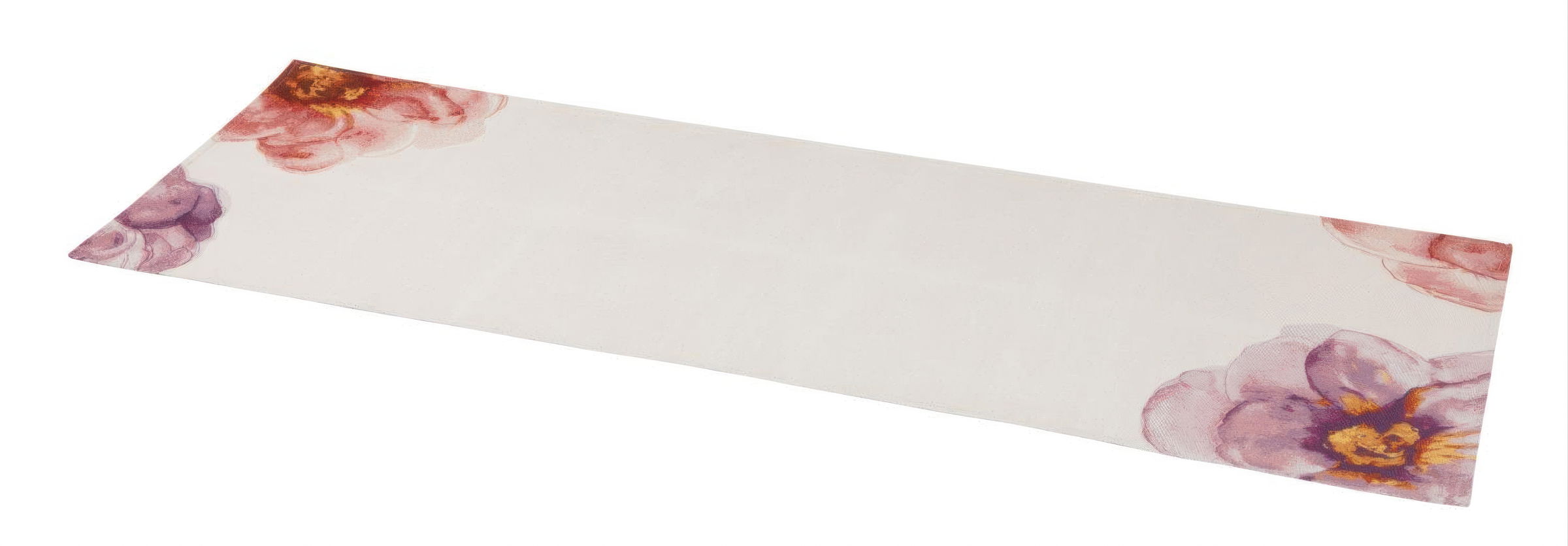 Langer Teppich mit floralen Mustern in Rosa- und Lilatönen auf hellem Hintergrund.