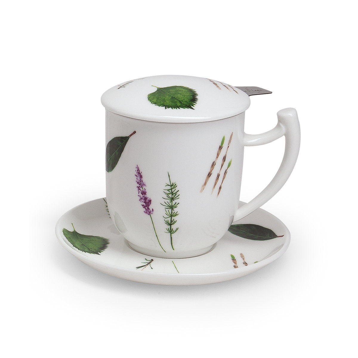 weiße Teetasse mit Untertasse und Deckel mit grünem Kräutermotiv