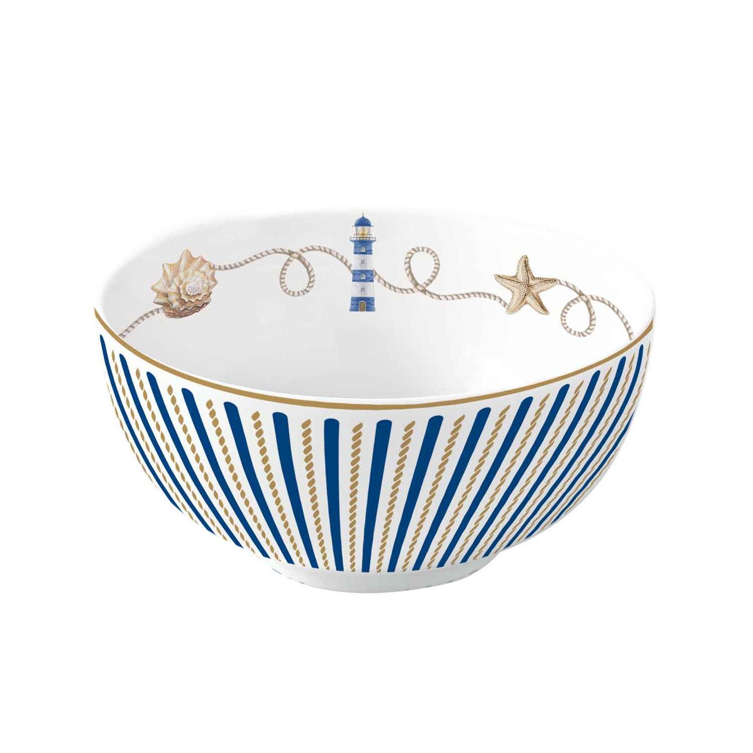Schüssel mit blauen Streifen und goldenen Akzenten, verziert mit einem Leuchtturm, einer Muschel und einem Seestern.