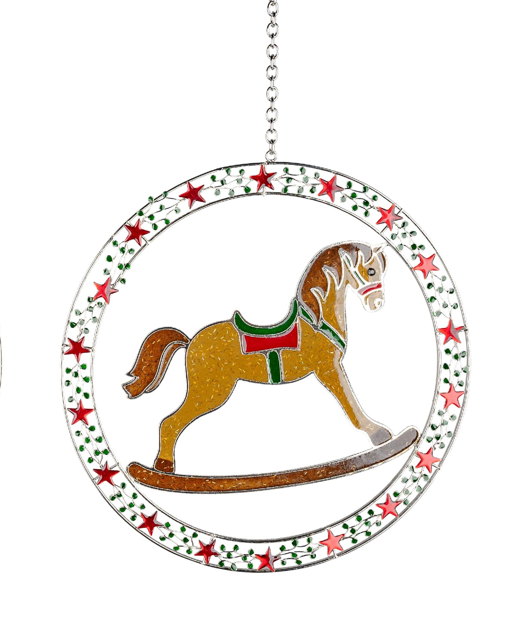 Ein hängender Weihnachtsbaumschmuck in Form eines Schaukelpferdes, umgeben von einem Ring mit roten