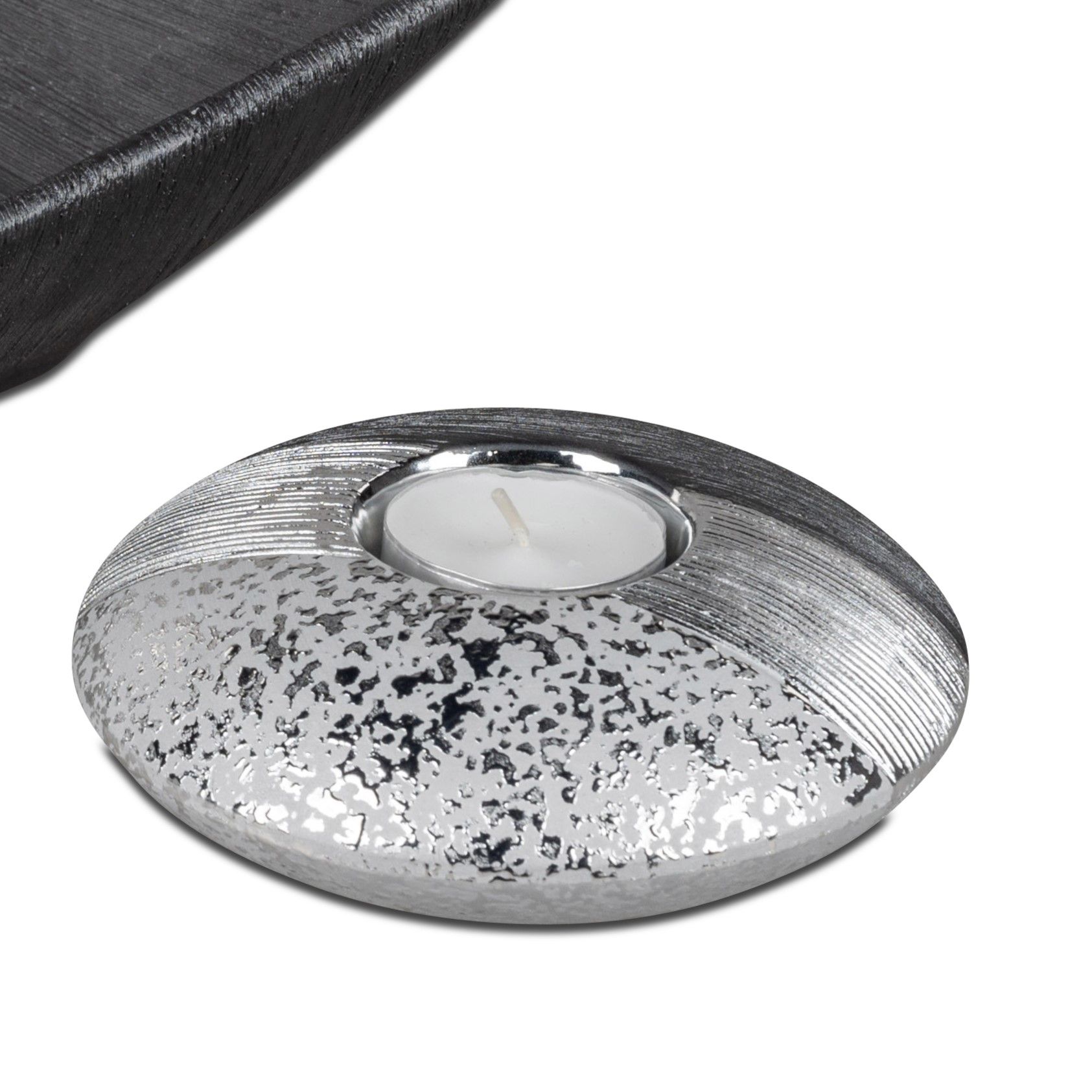 Teelichthalter, Leuchter LUXOR Ufo flach,Durchmesser 12cm silber grau aus Keramik von FORMANO