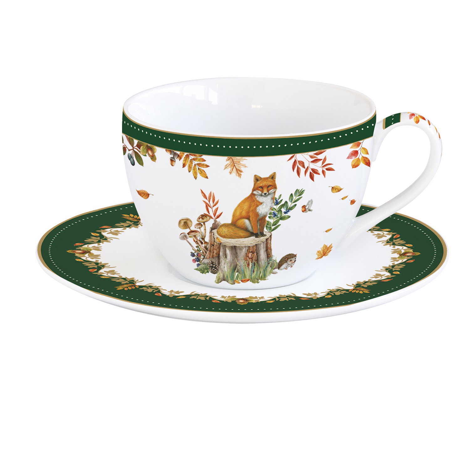 Tasse mit Untertasse, verziert mit einem Fuchs und herbstlichen Motiven