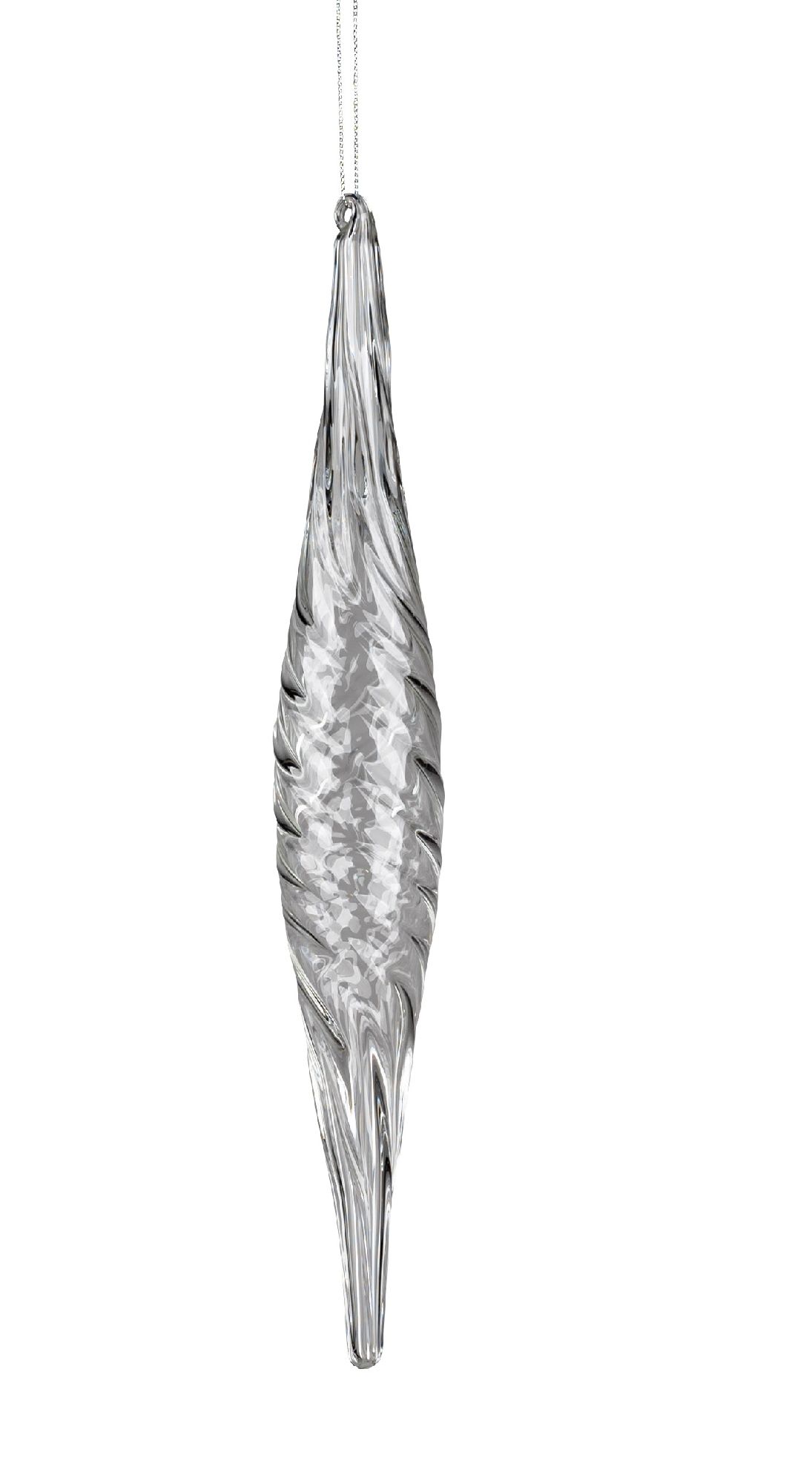 Durchsichtiger, spiralförmiger Glasanhänger mit einer länglichen, schmalen Form und einer glatten Oberfläche.