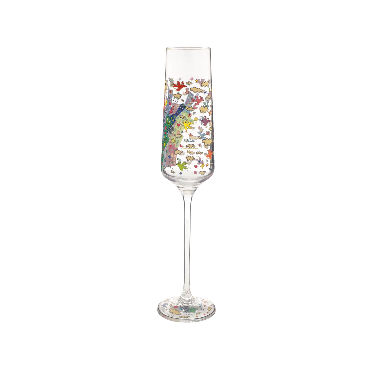 Sektglas mit buntem, verspieltem Muster und Motiven auf Kelch und Fuß