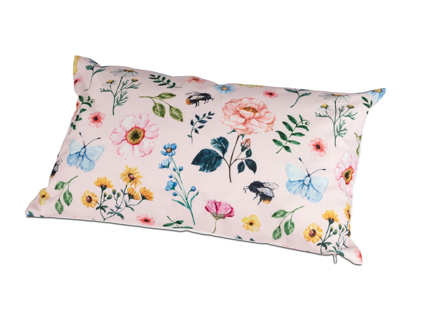 Kissen mit buntem Blumen- und Schmetterlingsmuster auf rosa Hintergrund