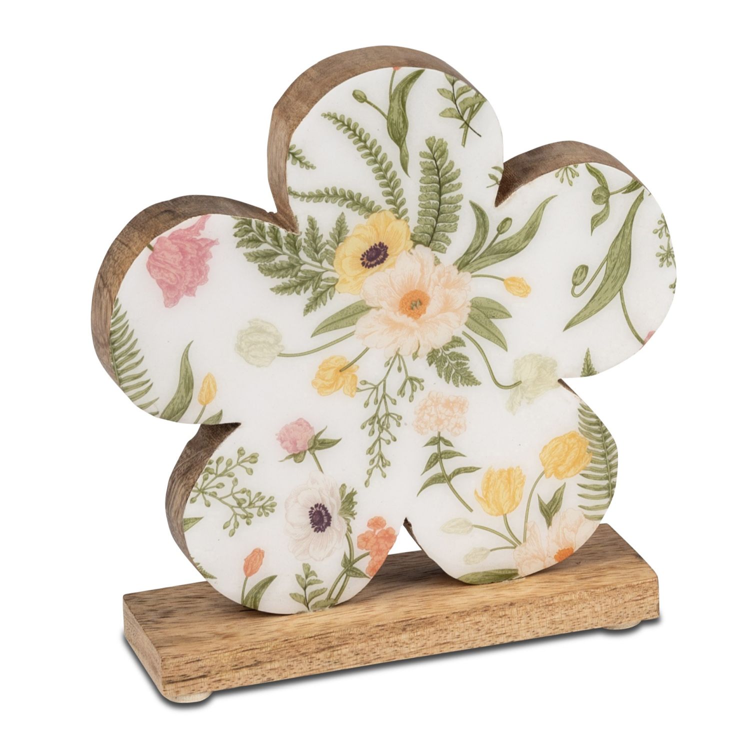 Blumenförmige Dekofigur auf Holzsockel mit floralem Muster in Pastellfarben