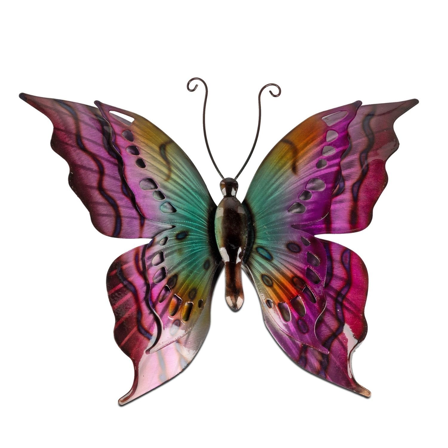 Bunte Metallfigur eines Schmetterlings mit detaillierten Flügeln