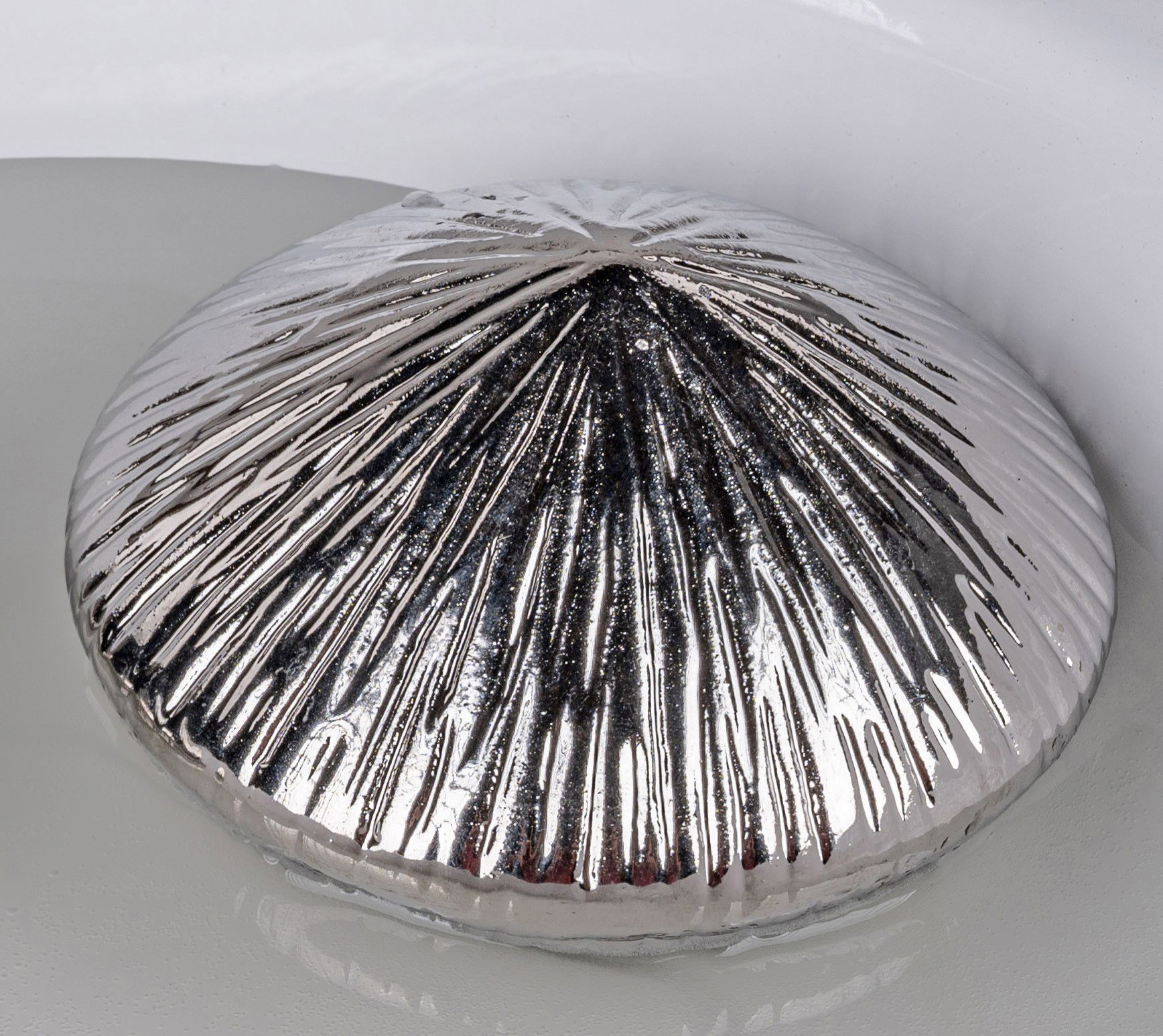 Ein glänzendes, silbernes Objekt in Muschelform mit geripptem Muster, liegt auf einer glatten, hellen Oberfläche.