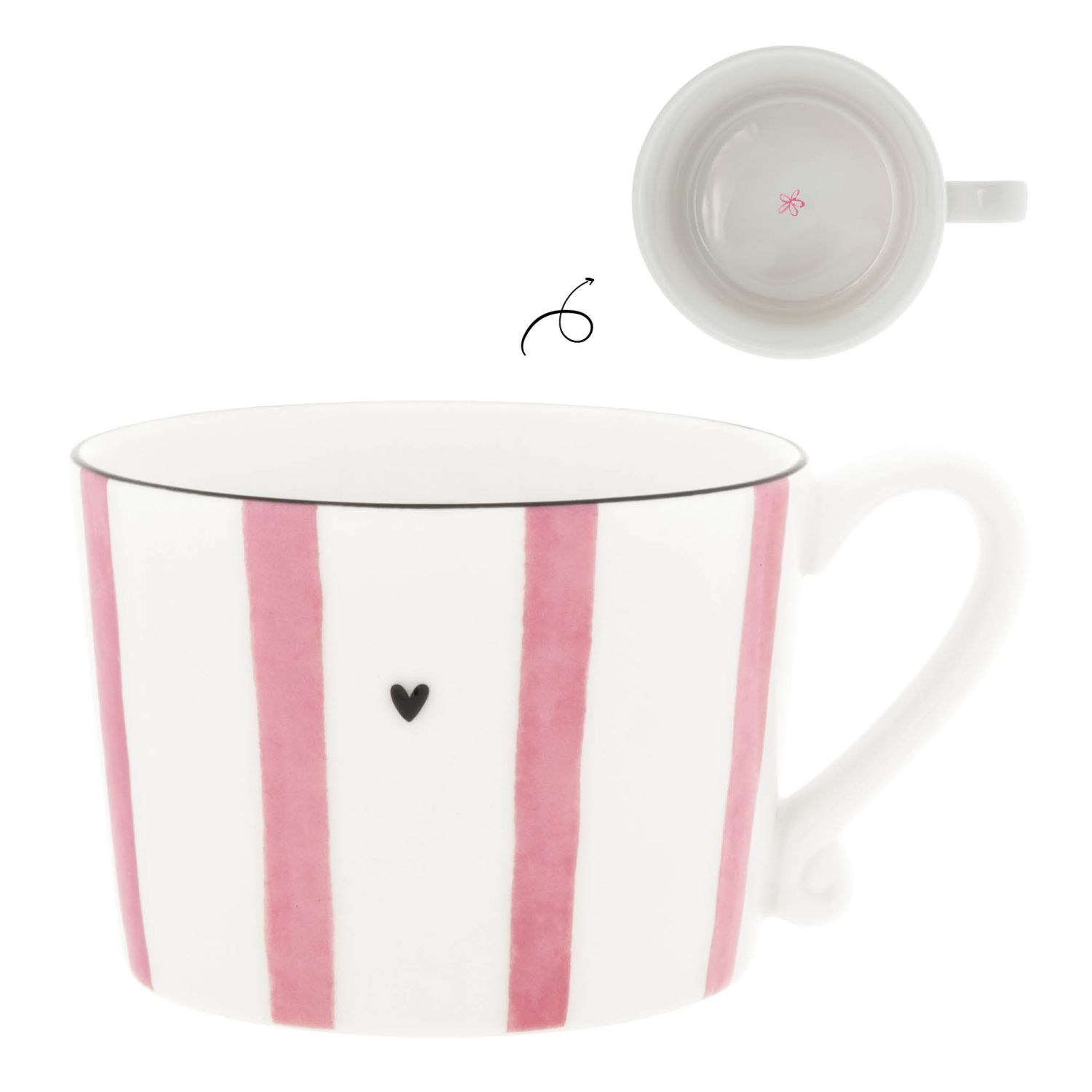 Weiße Tasse mit rosa Streifen und kleinem schwarzen Herz, Innenansicht mit kleinem rosa Motiv