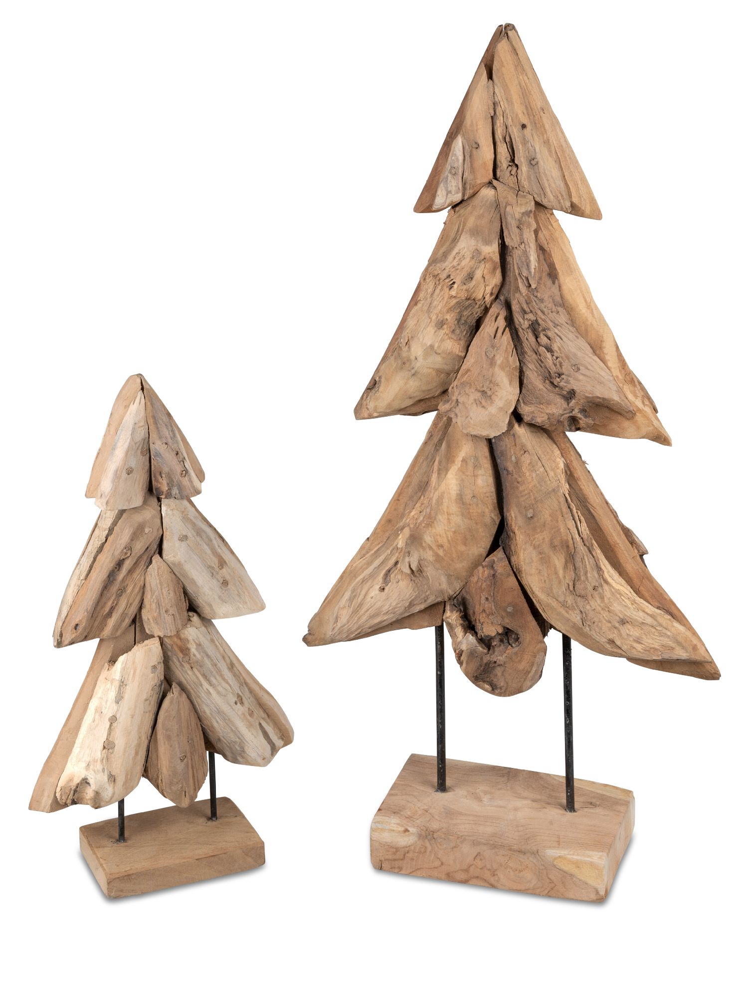 Zwei dekorative Holzfiguren in Form von Tannenbäumen, eine größere und eine kleinere, auf stabilen H