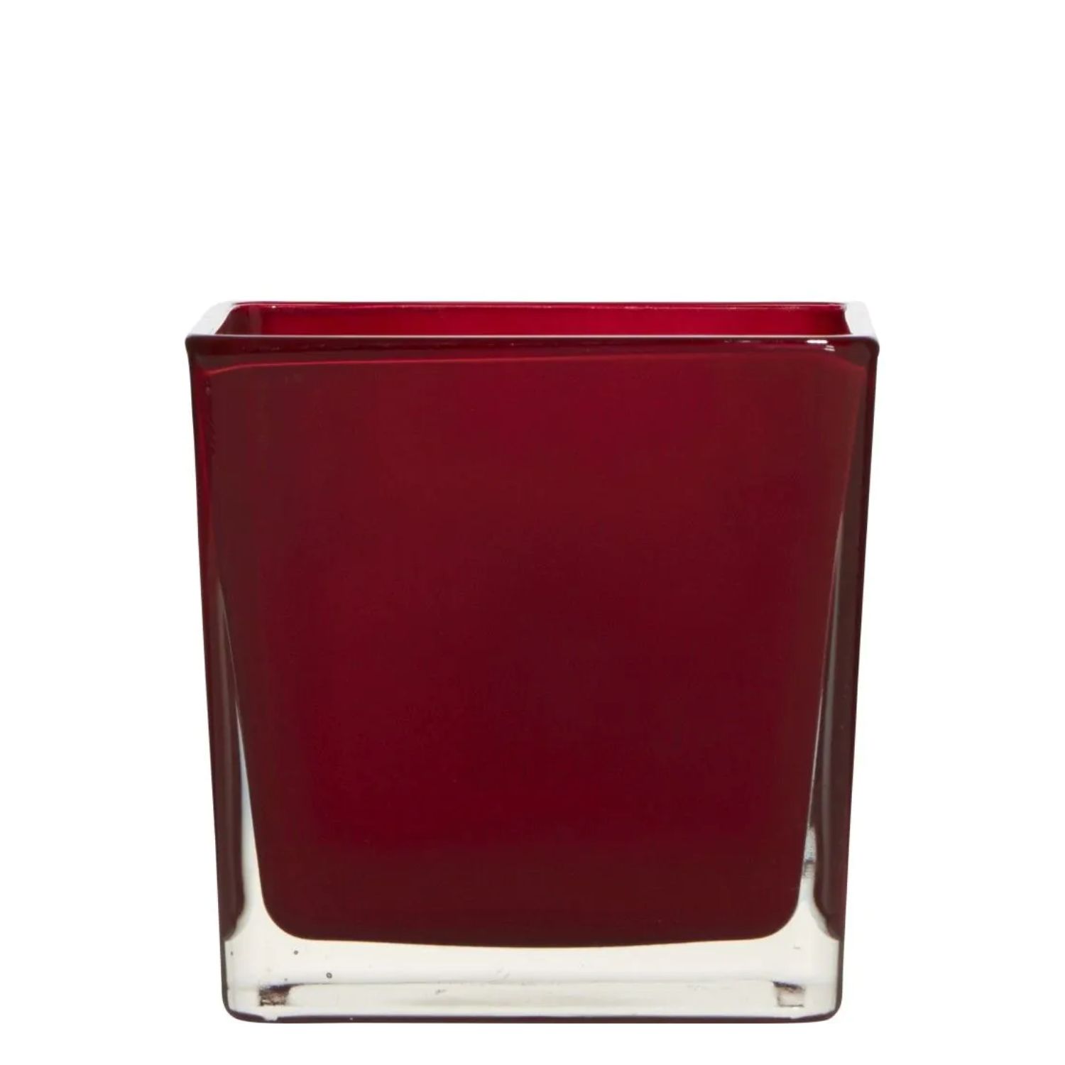 Roter, quadratischer Blumentopf aus Glas mit transparentem Boden. Der Topf hat eine glatte Oberfläche und eine klare Kante.