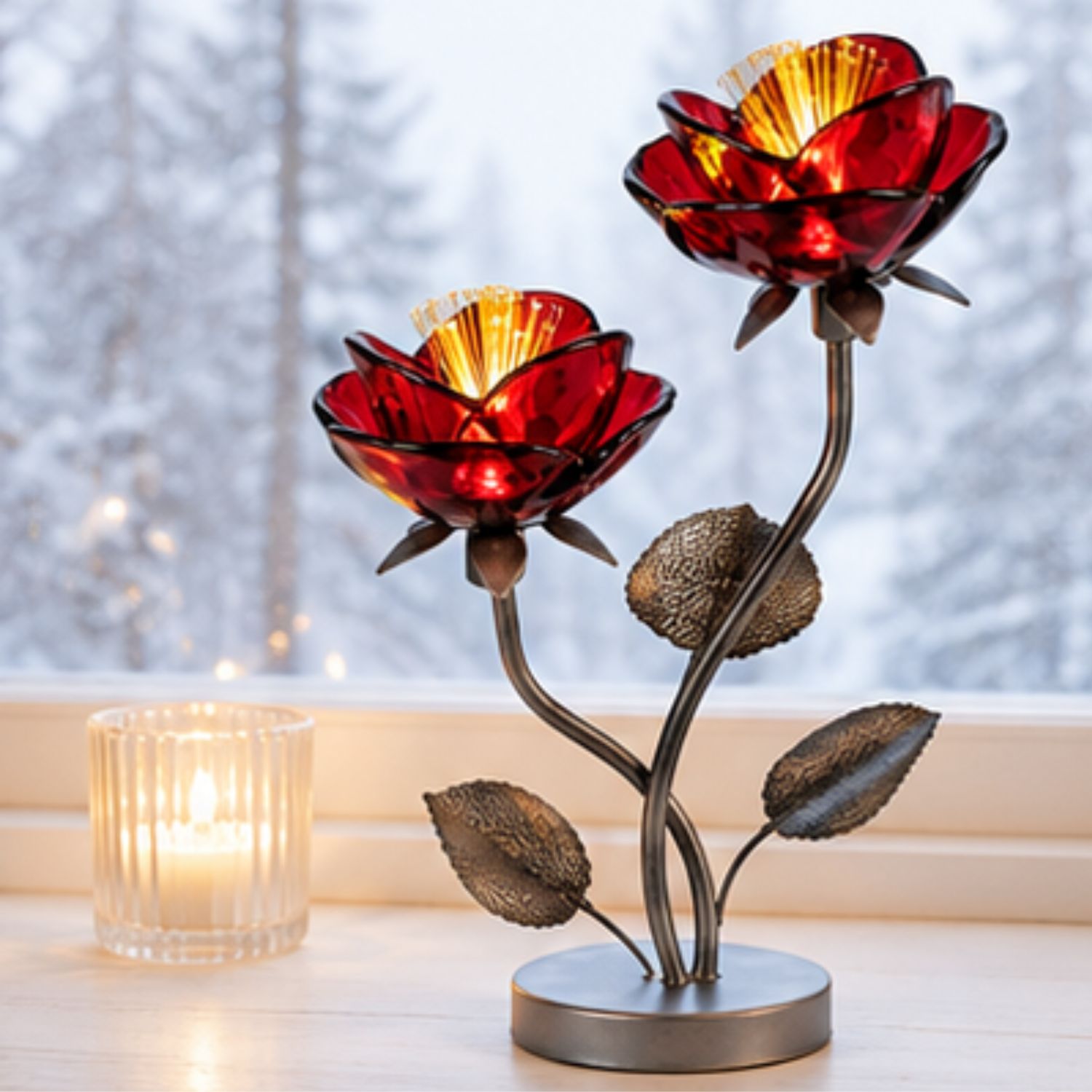 Rote Blumen-Tischlampe mit zwei Leuchten auf der Fensterbank, daneben ein brennendes Teelicht