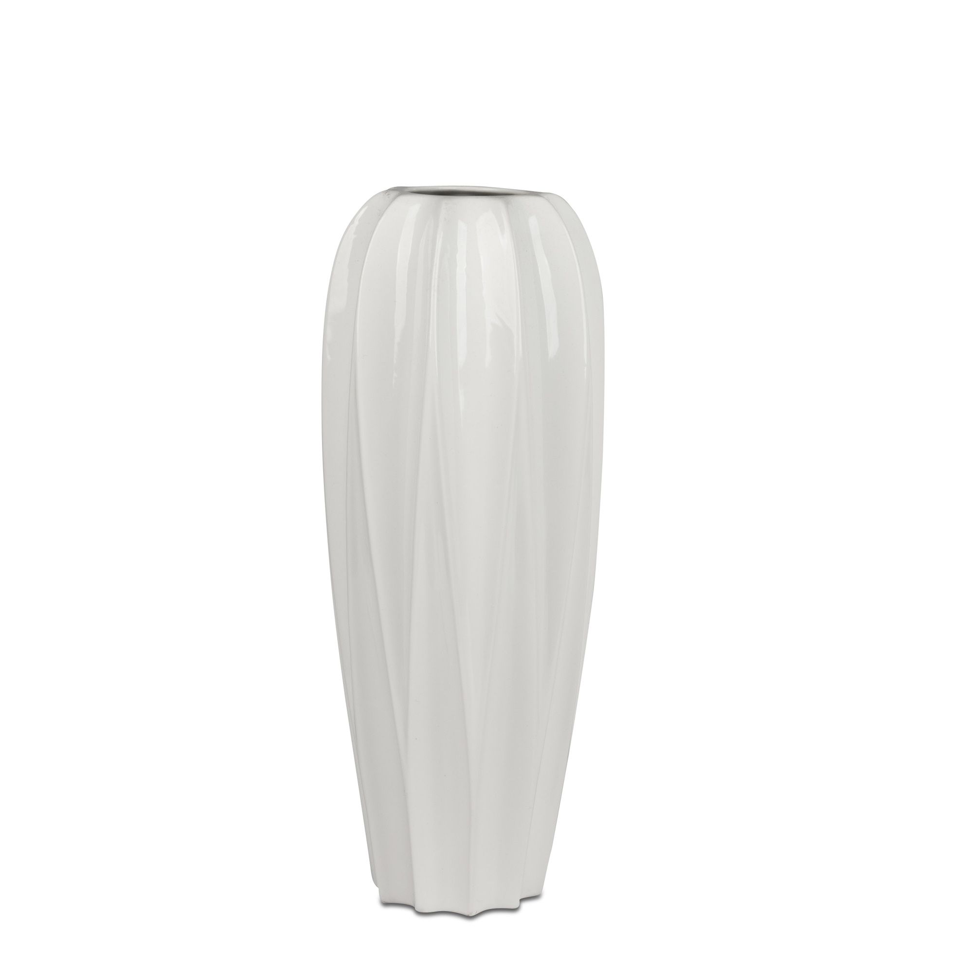 Weiße, hochglänzende Vase mit gewellter Oberfläche und schmalem Hals, aufrecht stehend.