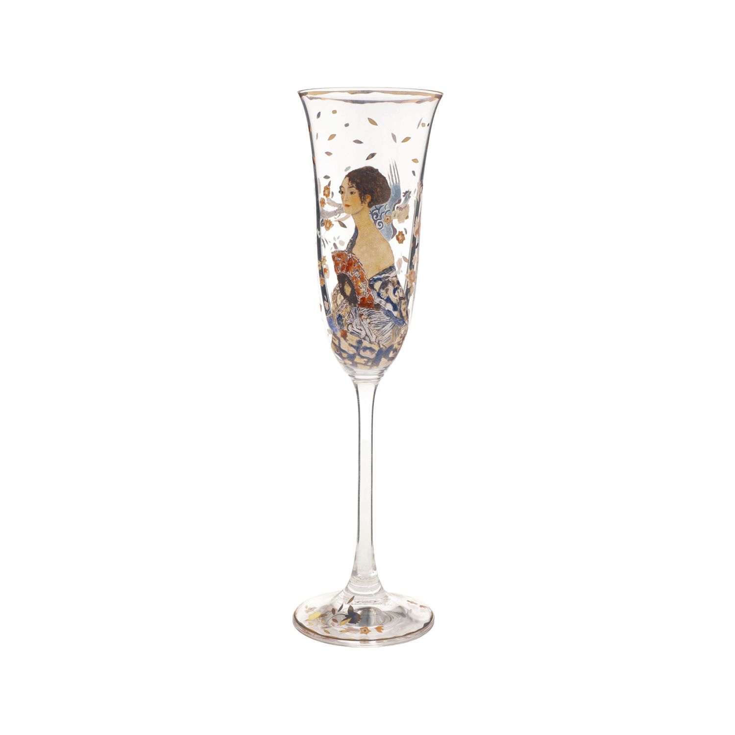 Sektflöte mit bunter Illustration einer Frau und goldenen Blättern auf transparentem Glas