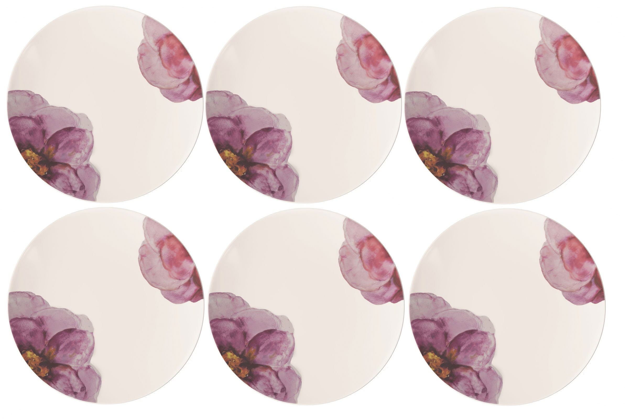 Sechs runde Untersetzer mit einem blassen, cremefarbenen Hintergrund und lila Blütenmotiven in der Ecke.